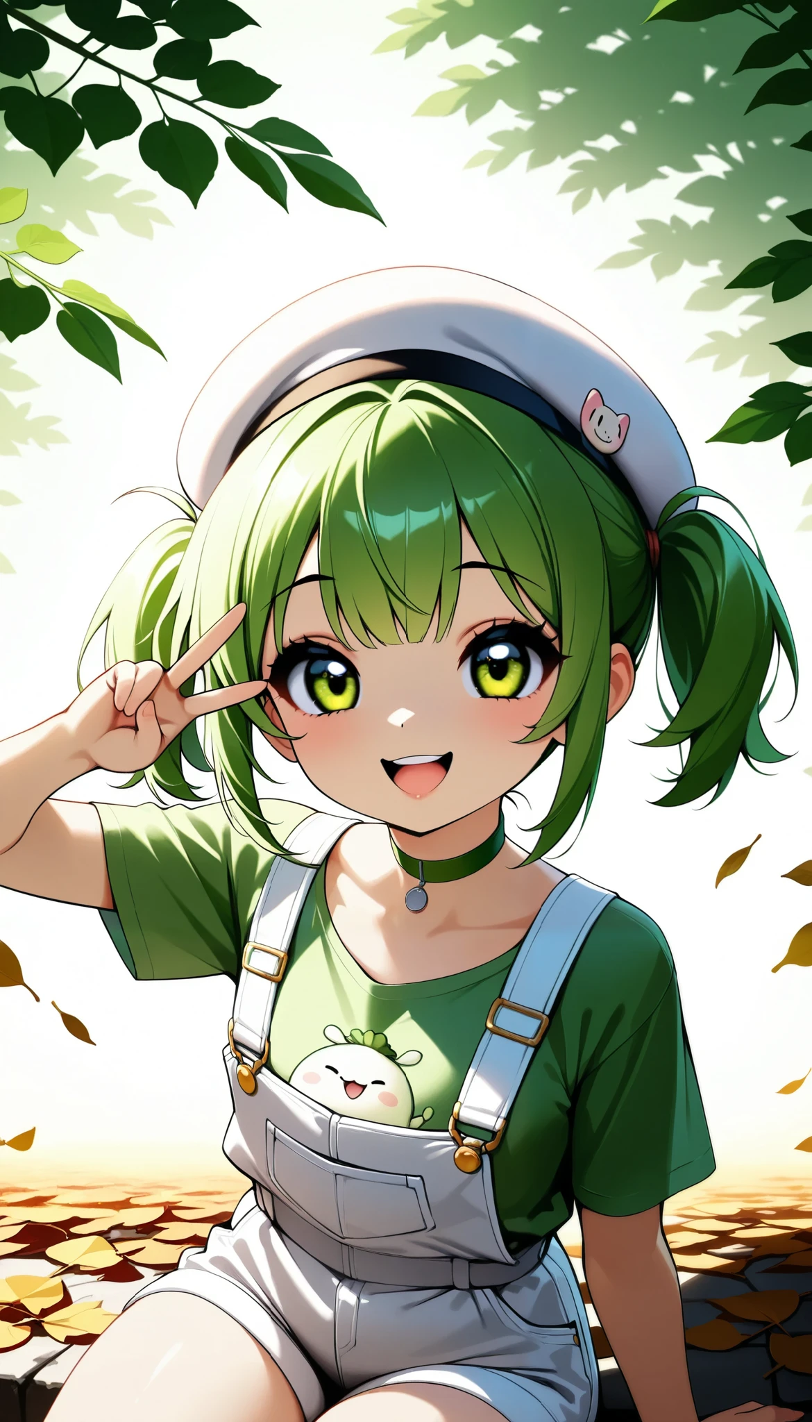 Daikon-chan :1.2, DKG , smile:1.2,  open your mouth,  beautiful skin:1.4,  Beautiful Detailed Eyes ,  glossy lips ,  very detailed face , ((white beret with leaves,  green hair short twin tails:1.2, Green T-shirt,  white overalls  , Green choker, )), slouch, (( Random Poses)), v-sign,  dramatic lighting ,  cute atmosphere ,  beautiful thighs ,  bright color,  cinematic composition ,  anime style:1.2, Detailed CG illustration, 8k, masterpiece．