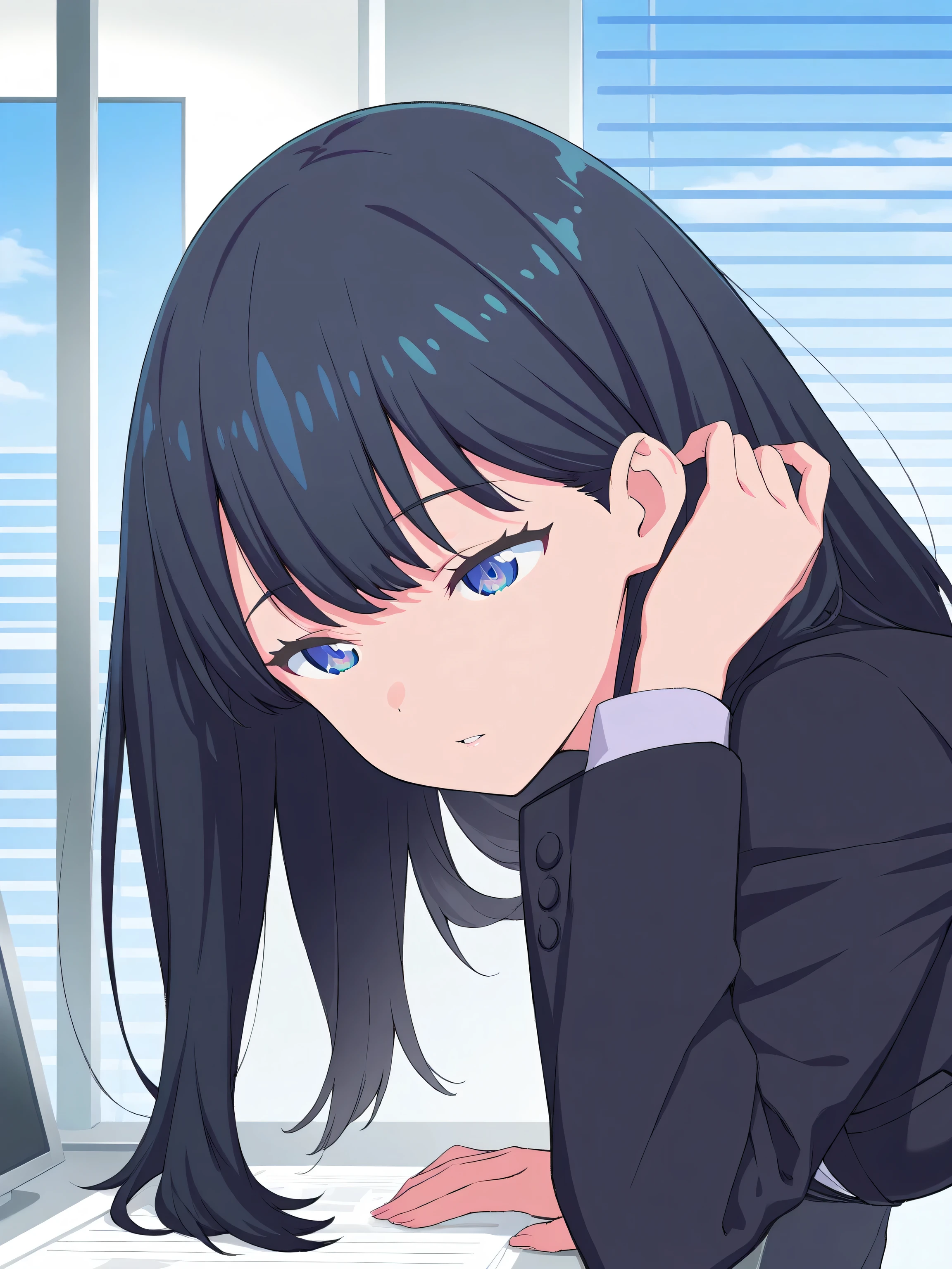 masterpiece,best quality,game cg,1girl,takarada_rikka,gridman_universe,ssss.gridman,solo,black_hair,blue_eyes,straight_hair,hair_between_eyes, long_hair, medium breasts, office worker suits, business suit, black suit, bent over, upper body, from side, (((close up))), half-closed eyes, adjusting_hair, hand_up, parted lips, office, looking ahead,  