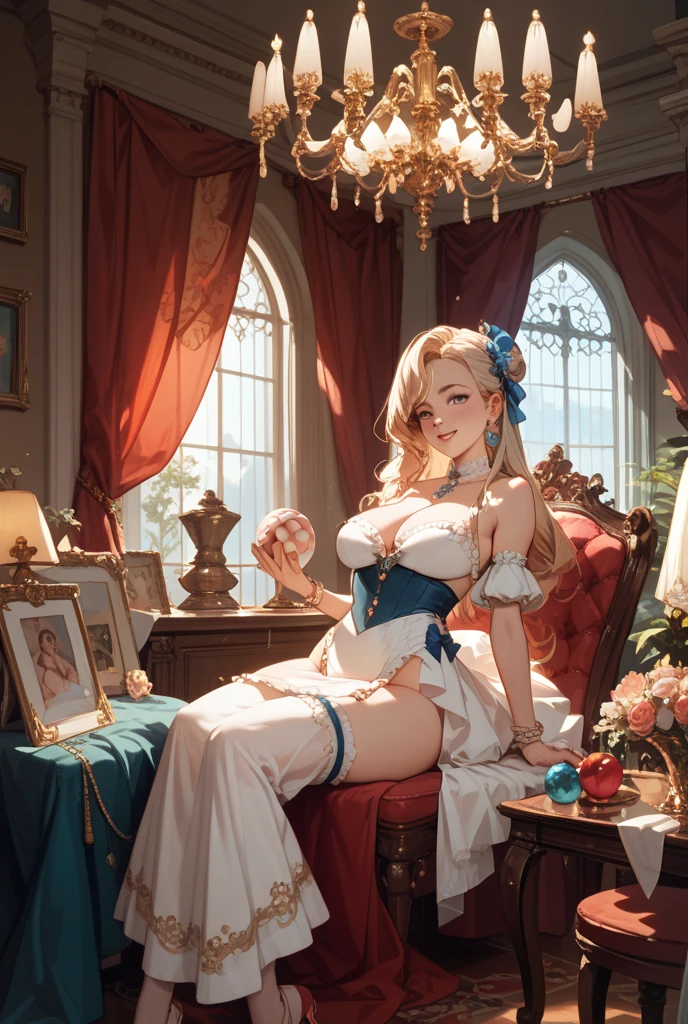 absurd, 8K, high resolution, ultra-detailed, beautiful, masterpiece, best quality, very pretty woman, young, very pretty woman, in the bedroom, (full body image:1.2), sexy, (lingerie with blue flowers pattern:1.5), (blue high heels:1.2) red lipstick, (blonde hair:1.4), straight hair, sexy, detailed female face, very attractive, (very large breasts:1.3)
