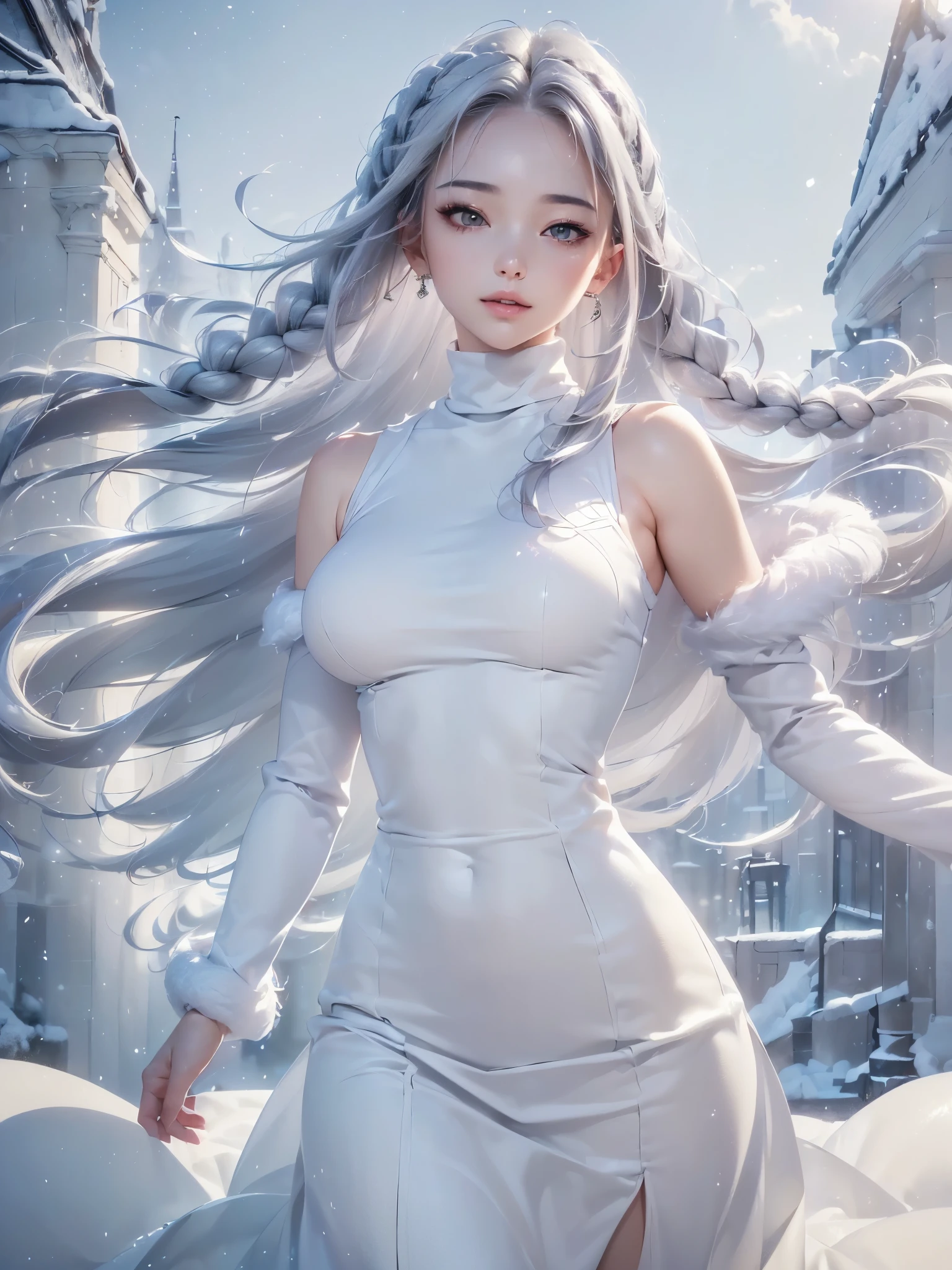 ((masterpiece:1.5、8k、Portraiture、Photorealistic and very detailed CG、Very detailed、Particle Effects、Dynamic Effects、Written boundary depth、Cinematic Light、Lens flare、Ray Tracing、Tabletop、Realistic:1.4、Ultra-high resolution:1.2、Realistic、Realistic))((alone、winter girl、Turtleneck sweater,No sleeve, shoulders, Long skirt, Taking off her fur coat. Detailed face、brightexpression、young, bright, Whiter skin、Medium chest、Side bust, Best Looks、Ultimate beauty、Shiny silver hair with highlights、bright and shiny hair,、Thick braids、Hair dancing in the wind))(Plain background)
