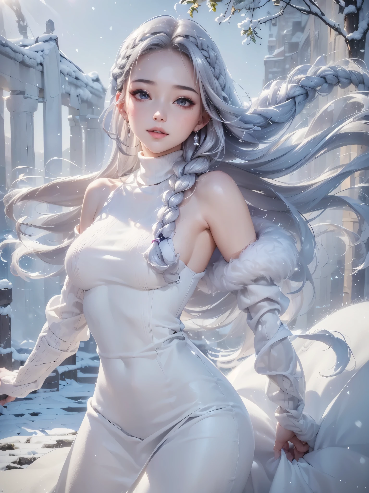 ((masterpiece:1.5、8k、Portraiture、Photorealistic and very detailed CG、Very detailed、Particle Effects、Dynamic Effects、Written boundary depth、Cinematic Light、Lens flare、Ray Tracing、Tabletop、Realistic:1.4、Ultra-high resolution:1.2、Realistic、Realistic))((alone、winter girl、Turtleneck sweater,No sleeve, shoulders, Long skirt, Taking off her fur coat. Detailed face、brightexpression、young, bright, Whiter skin、Medium chest、Side bust, Best Looks、Ultimate beauty、Shiny silver hair with highlights、bright and shiny hair,、Thick braids、Hair dancing in the wind))(Plain background)