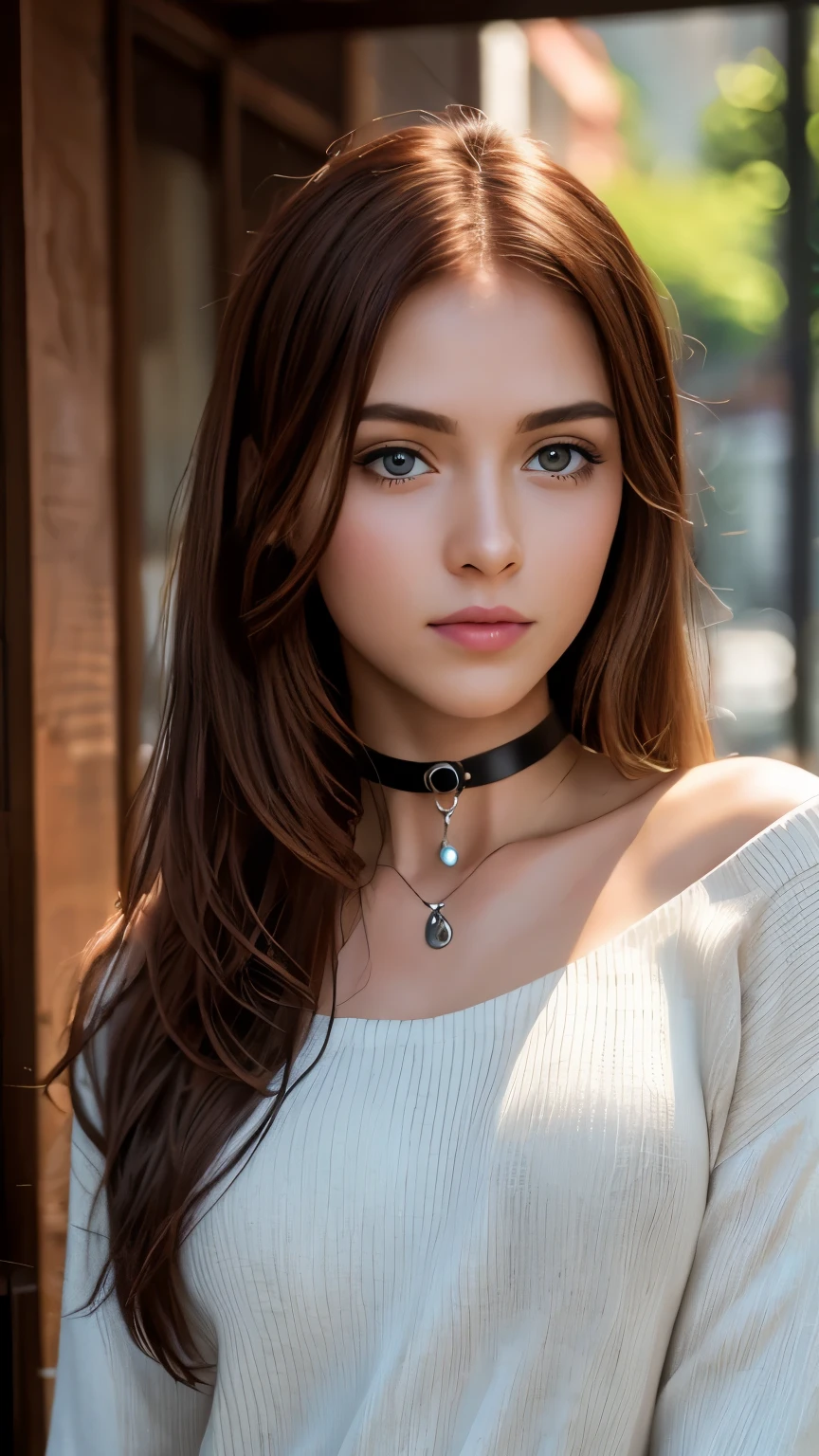 8k, Masterpiece, raw photos, best quality, realistic, Very detailed CG unity 8k wallpaper..., depth of field, Movie studio-quality lighting, lens flare, Ray tracing, (Very beautiful face, beautiful lips, beautiful eyes), A face with intricate details, ((Highly detailed skin), รูปถ่ายของสาวสวย 1 คนbest quality, Ultra high resolution, (realistically:1.4),Cute Hairpin,1 woman,long red hair,cropped sweater ,Beautiful woman with a slender figure:1.4, Pronounced abdomen:1.4, on the island,Extraordinarily detailed face,Exquisite eyes,Double eyelids,choker necklace