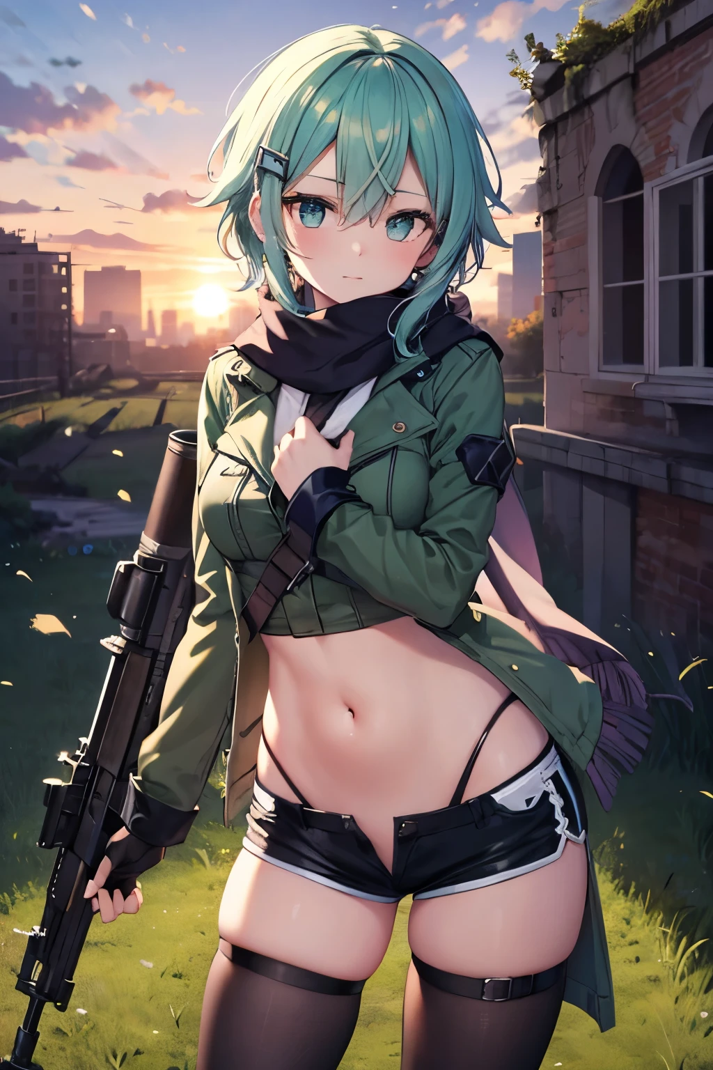 highest quality,wonderful,masterpiece,delicate,ultra high resolution,Super detailed,intricate details,beautiful,8K resolution,(Highly detailed CG Unity 8k wallpaper),sharp focus、Dark green hair、short hair、I can see cat ears、invisible ears、big breasts、side boob、vivid hair、Shaggy hair、messy hair、vivid skin、Glossy skin、belly button、 face、ta、short、kawaii、beautiful瞳、sexy、smile、Pleasure、happiness、hold a gun、firearm、outdoors、、army red uniform、small military hat、Jin Xizhang、