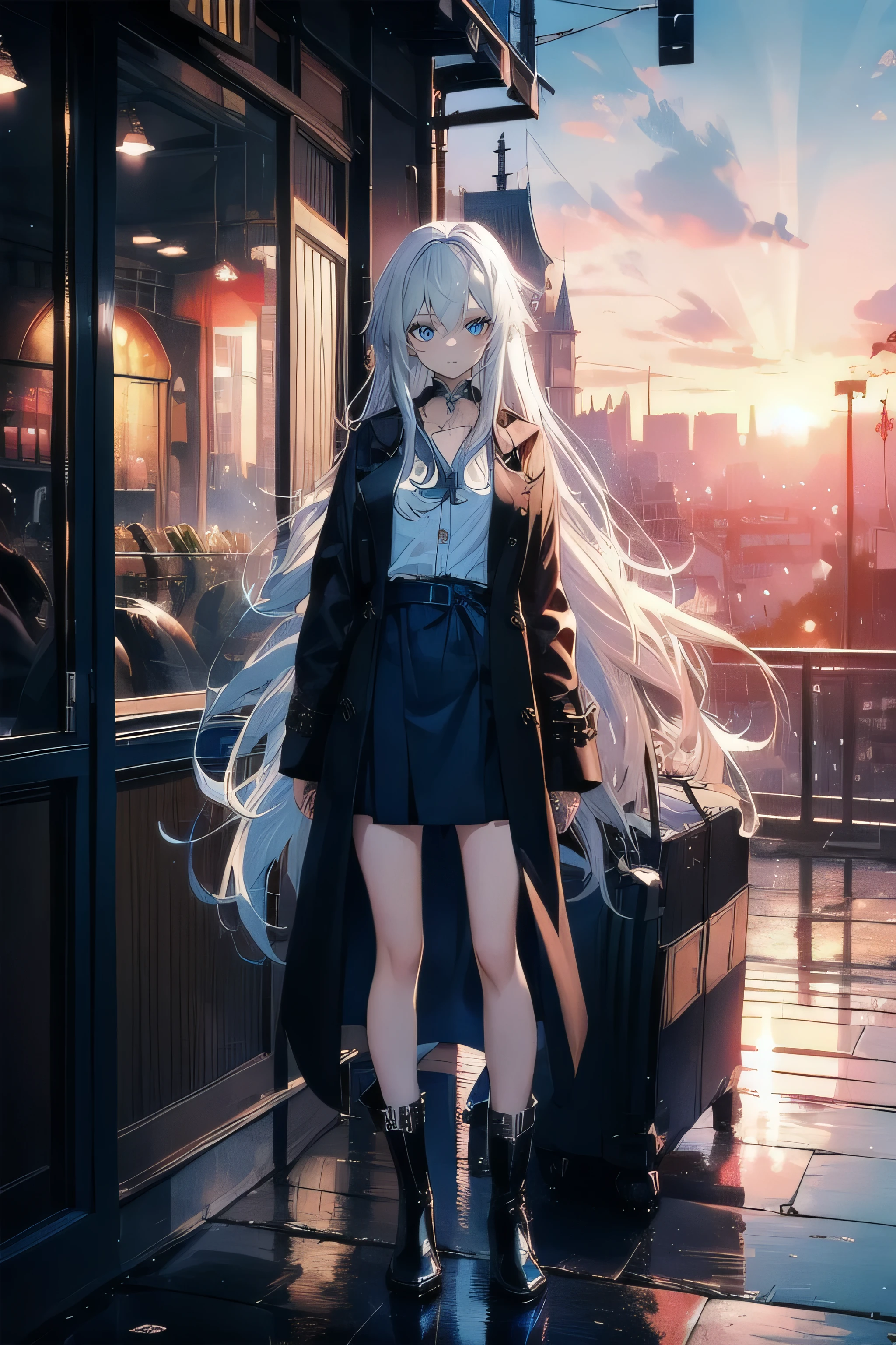 (masterpiece), (best quality), ultra detailed, finely detailed color, cenematic painting, bishoujo, ((one lady)), ager, cute face, white hair, absurdly long hair, straight hair, ((deep blue eyes:1.5)), standing, chocker, ((long coat)), ((black coat)), (trench coat) ((office wear)), bare legs, ((long boots)), ((black boots)), expressionless, slender body, small chest, urban, sunset, rooftop
