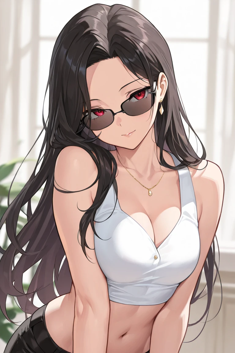 ((best quality)), ((masterpiece)), femboy, dark parted hair, cute red eyes, elegant look, dark glasses, a sexy hot outfit with crop top