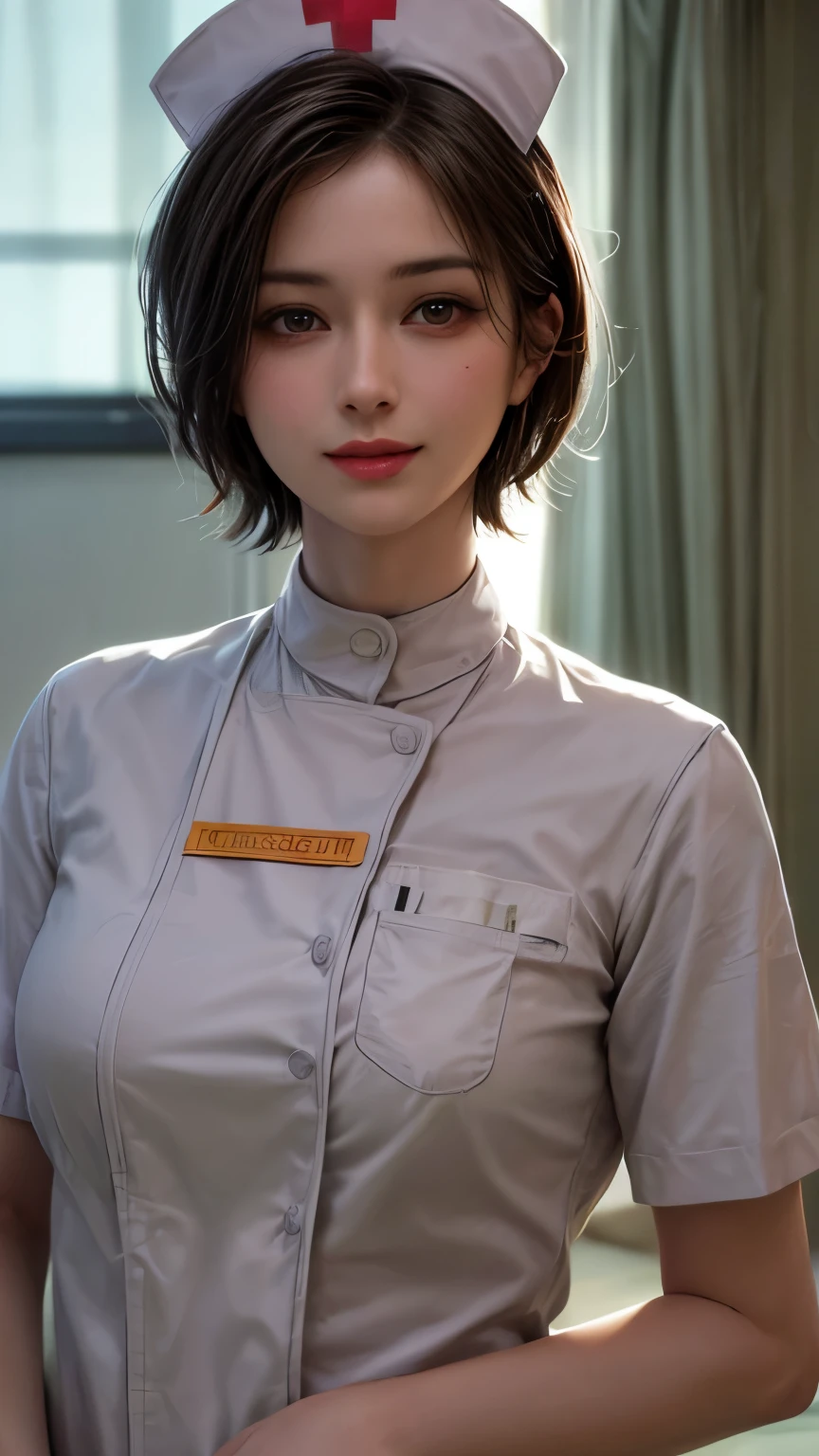 (masterpiece:1.5), (best quality:1.4), cinematic lighting, (1 girl), beautiful face, (realistic face), beautiful hairstyle, (short hair:1.5), realistic eyes, beautiful detailed eyes, (realistic skin), beautiful skin, (nurse costume:1.5), absurdres, attractive, ultra high res, ultra realistic, highly detailed, golden ratio, hospital room, smile