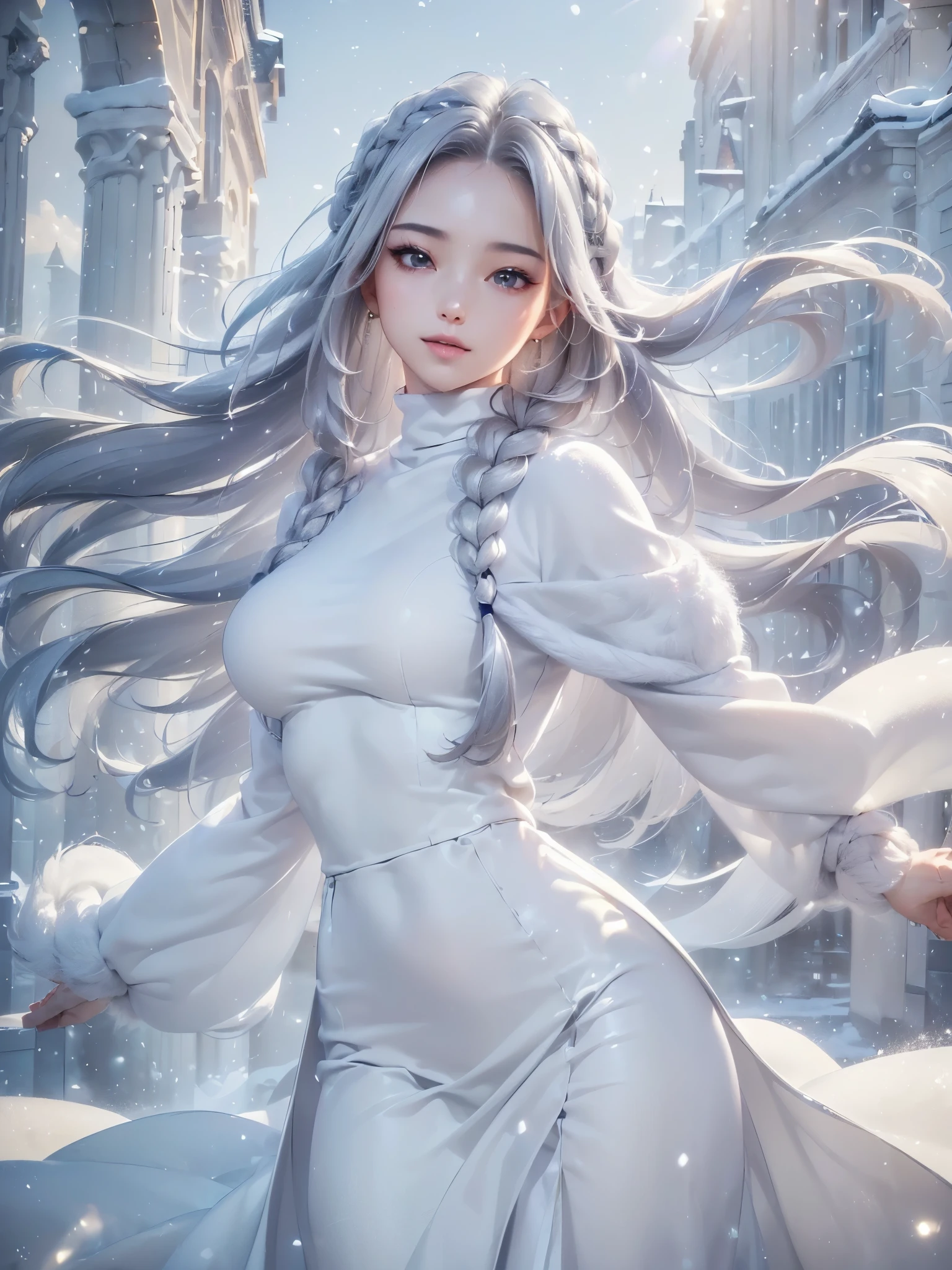 ((masterpiece:1.5、8k、Portraiture、Photorealistic and very detailed CG、Very detailed、Particle Effects、Dynamic Effects、Written boundary depth、Cinematic Light、Lens flare、Ray Tracing、Tabletop、Realistic:1.4、Ultra-high resolution:1.2、Realistic、Realistic))((alone、winter girl、Turtleneck sweater,No sleeve, Long skirt, Taking off her fur coat. Detailed face、brightexpression、young, bright, Whiter skin、Medium chest、Side bust, Best Looks、Ultimate beauty、Shiny silver hair with highlights、bright and shiny hair,、Thick braids、Hair dancing in the wind))(Plain background)