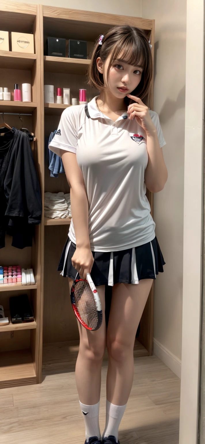 UHigh resolution, retina, masterpiece, Accurate, Anatomically correct, Textured skin, Super Detail, Attention to detail, high quality, Awards, 最high quality, High resolution, 1080P, High resolution, 4K, 8k, 16K、(masterpiece), (最high quality),超High resolution, Caustics,Sexual awakening, Beautiful and knowledgeable FACE,Perfect Anatomy,Cowboy Shot,Solo 12 year old beauty、日BookのBookを読む人、Black Hair,Short Bob Hair,black eye,Slender body,Ideal body type,Medium chest,Sunburned skin,Glowing Skin,Oily skin,Glowing Skin,Are standing,ponytail,((latex、Tennis uniform、White polo shirt、White pleated mini skirt)),tennis racket1Book、正しく描かれたtennis racket:1.12、Outdoor、Tennis court、,Full body image((beautiful pussy line:1.19)),,(((MS. A is very cute, like々Funny face.:1.45))), 、(とてもlikeくて胸が大きい:1.2),(Spreading pussy:1.6),(Put the grip of a racket into your vagina)