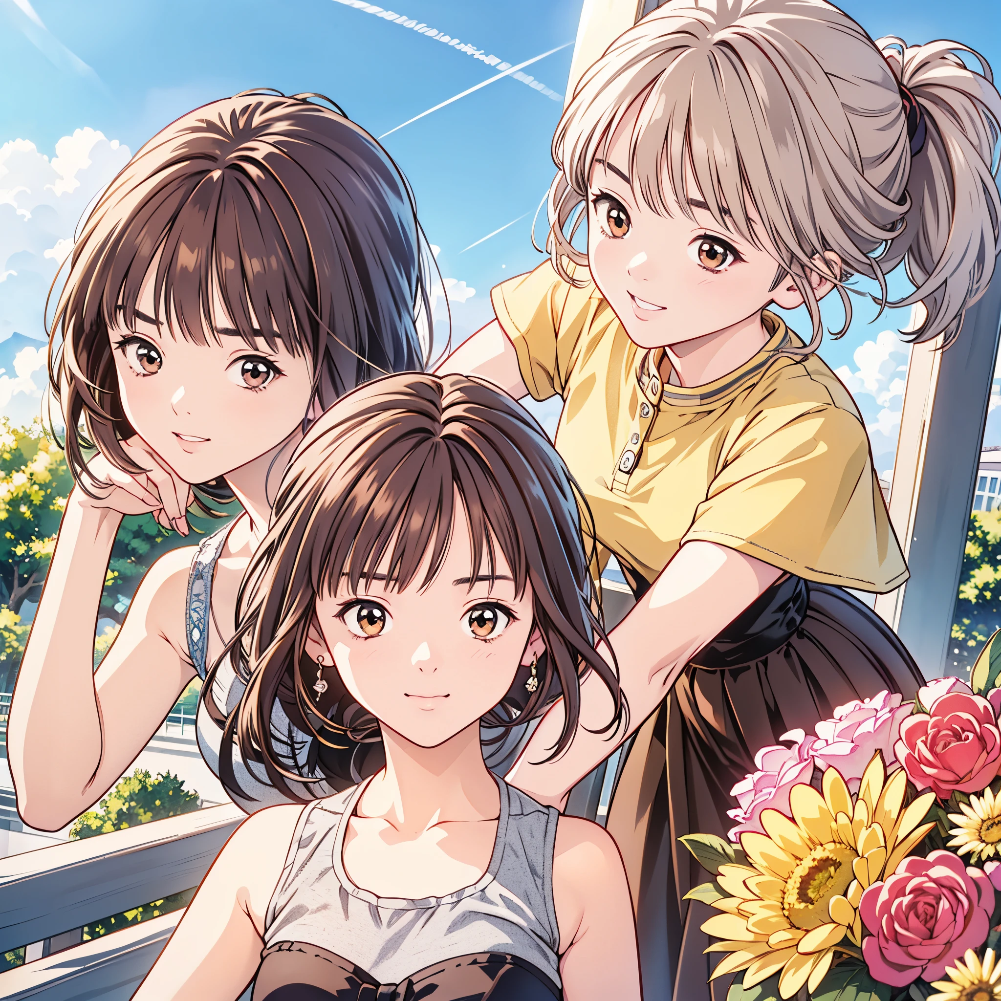 Three girls，Snuggle up to each other，Under the afternoon sun，Wearing a floral dress，There is a small park downstairs for residents to use，half-hidden smile，jumpping、hugs、Hand in hand，a joyful atmosphere，depth of fields，ray traycing