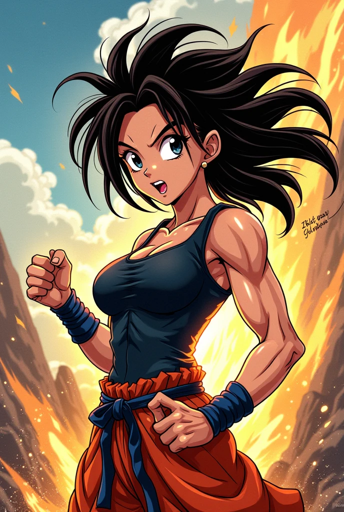 mulher bonita e forte estilo dragon ball exibindo os musculos extremamente definidos malhando