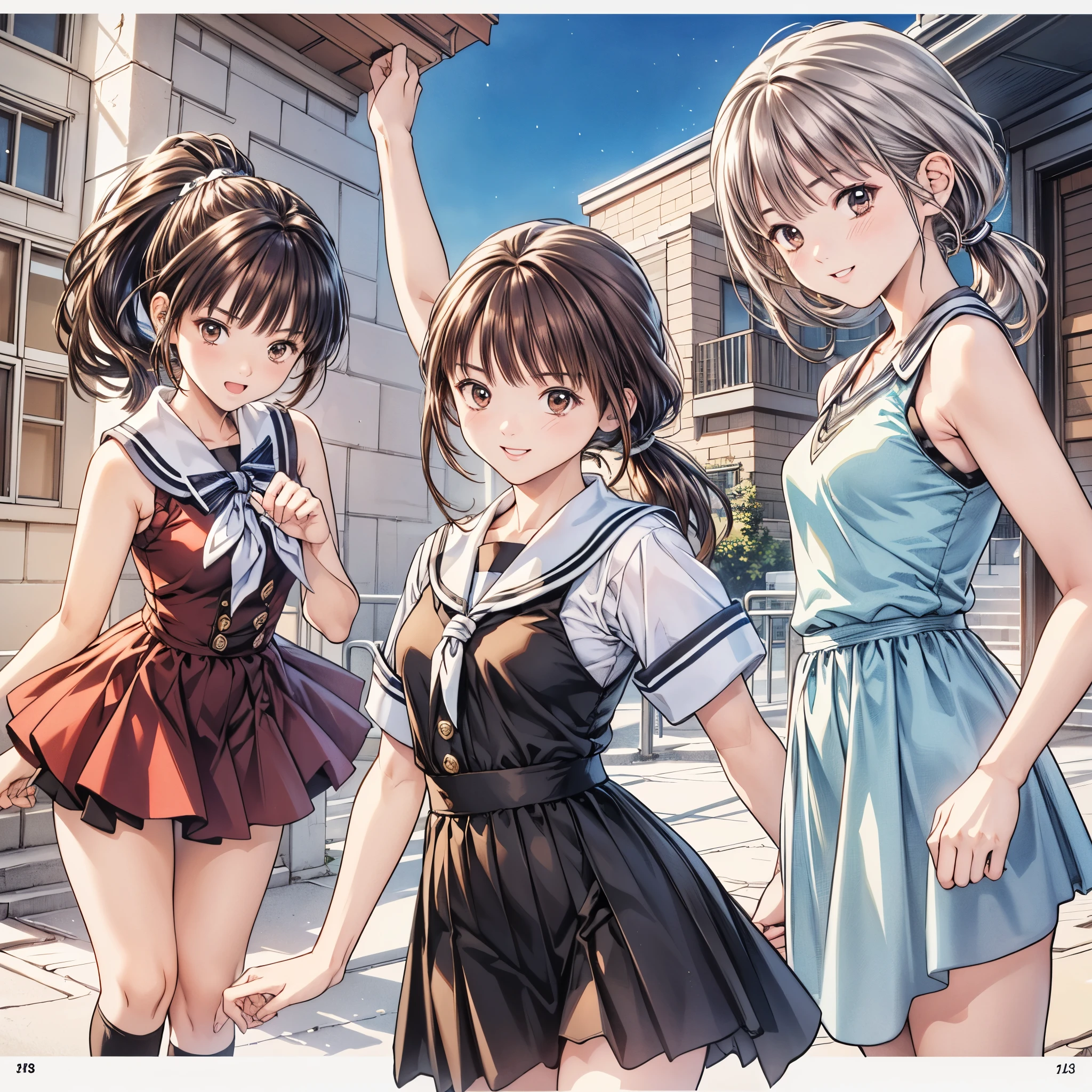 (8k、 top quality、masterpiece:1.2)、( realistic、 ultra-detailed、 super A high resolution、 2 girls in 2、(One person has silver hair 、一人は brown hair )、 beautiful detailed face、smile、narrow、( Slim Waist ) :1.3)、summer服、summer 、 Skin Texture 、Floating Hair、 PROFESSIONAL LIGHTING 、服 人体全体、 brown hair、Shy、Mikity、 romantic 、((Junior high school students