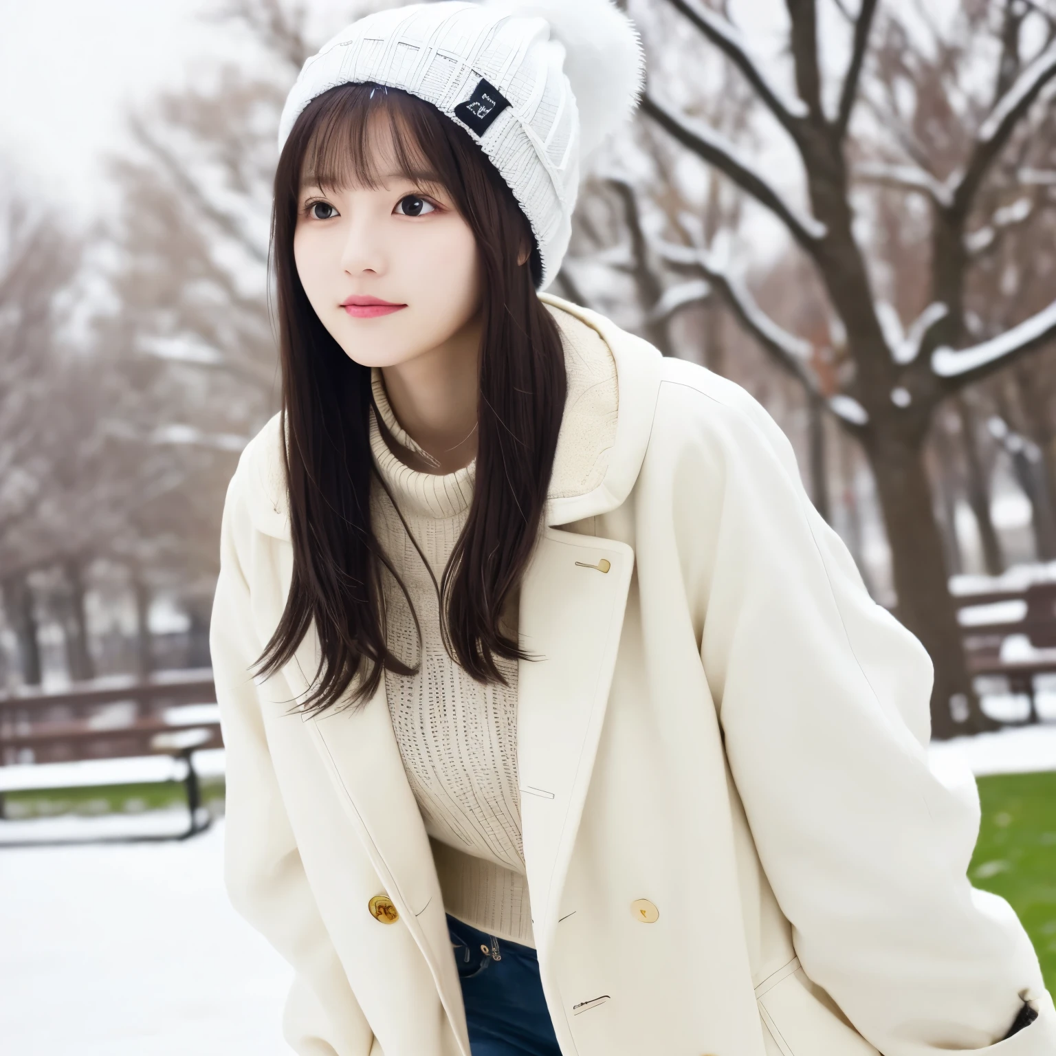 White knit hat, White coat, A park where the winter sun shines in warmly,  Angle from Underfoot,  girl, busty,  black hair,  straight hair,  with bangs, 's greatest masterpiece,  no makeup