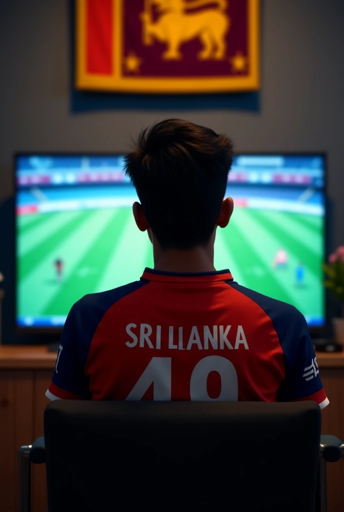 A 18 years boy is watching Bangladesh cricket match on tv the boy's name is Al Amin and Jersey number 18 is written on the Jersey