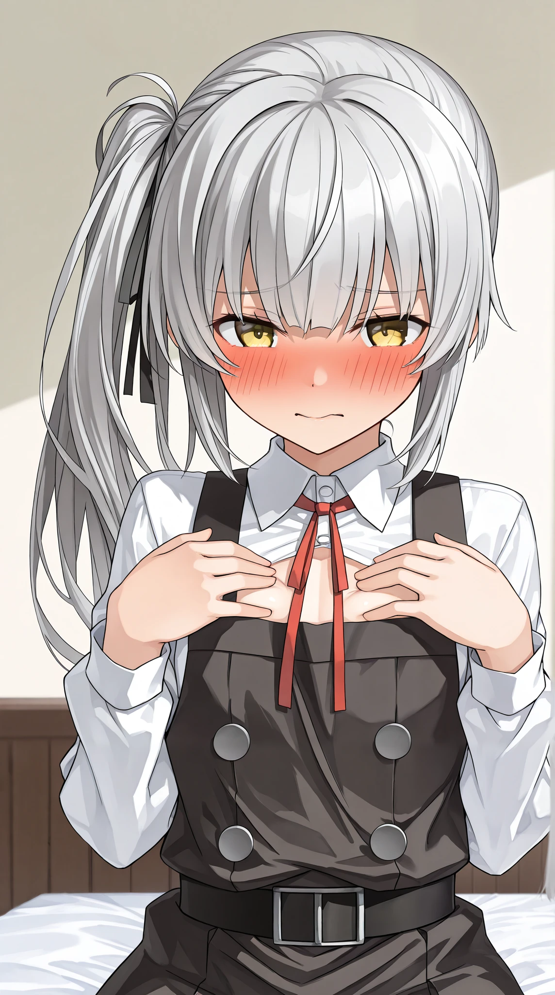 8k high resolution ( more details), masterpiece, ( top quality)　 illustration style　 detailed eyes,  detailed face 　 detailed hands 　Fine hair　 Very Exquisite Body 、 fine skin　 solo　teens　 Kantai Collection _haze　KasumikainIKC , Yellow Eyes　Grey long hair,  white shirt,  Long Sleeve ,  side ponytail, Red ribbon on chest, black ribbon on hair , black pinafore dress　 on the bed　 has been knocked over　 Embarrassed Expression　立て膝