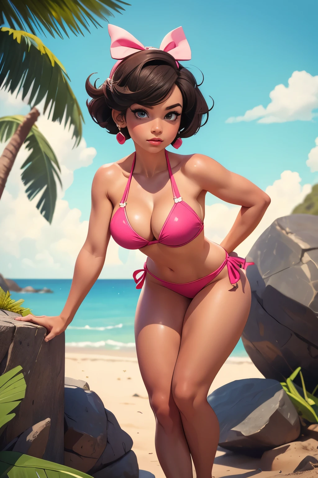 ((1 girl))、((whole body))、((bright face:1.1))、((Beautiful eyes:1.2))、((huge breasts:1.2))、((big thigh:1.1))、((oily skin:1.2))、Wet、thin lips, Throwing hair back、Glamorous body、((sophisticated Tighticro mesh bikini、curvy legs、Emphasis on the chest、realistic skin、Perfect body、Perfect eyes、Best quality、ultra resolution、digital illustration,Gigantic Sagging Breasts