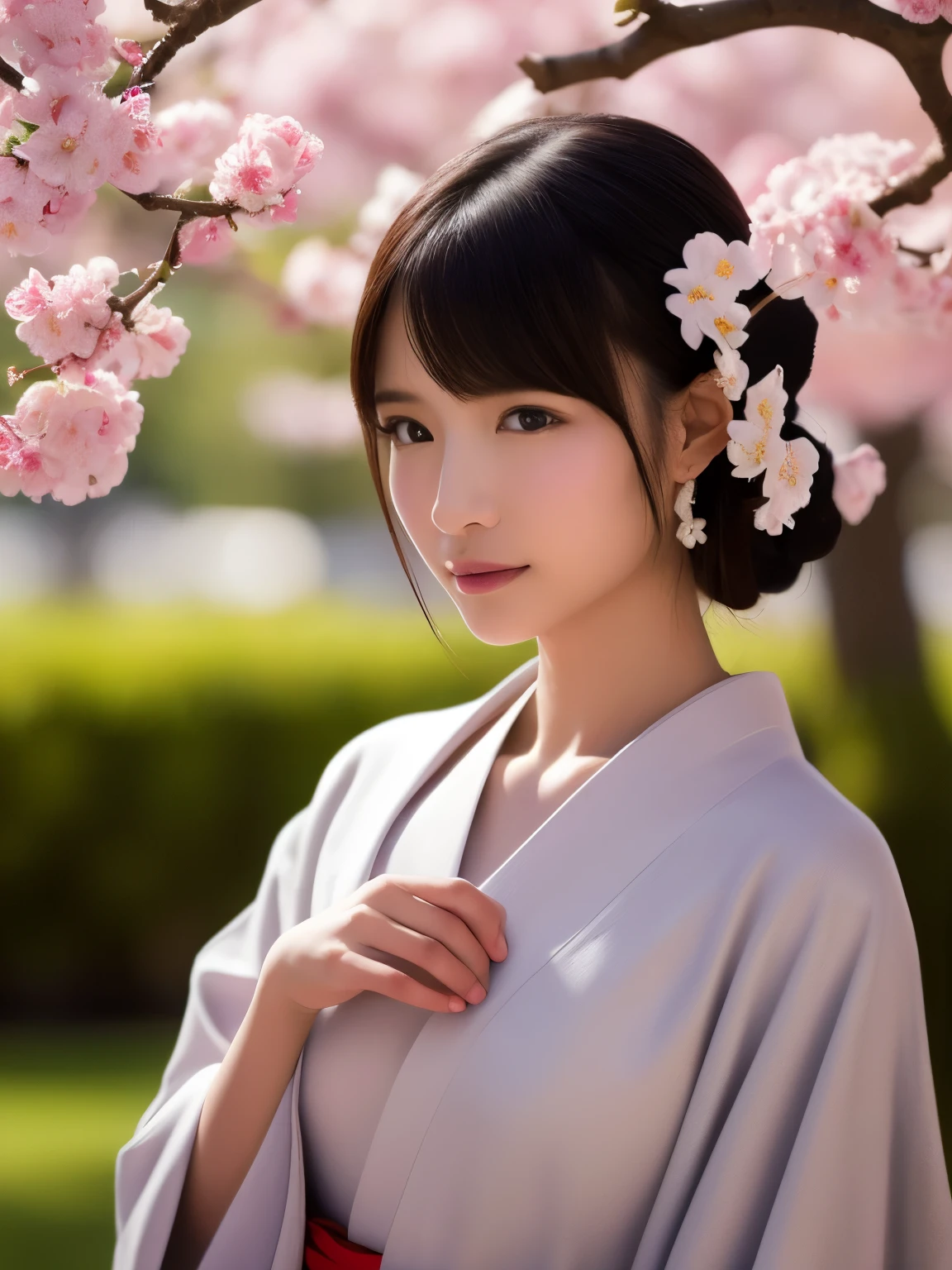 depicts a beautiful Japanese woman wearing a kimono、 beautiful Japanese woman wearing a traditional kimono, Detailed Face Background Details , Welcome the New Year in a quiet environment full of cherry blossoms and lanterns, soft lighting , bright color, traditional Japanese art style , (New Year, First visit),(8k, top quality, masterpiece:1.2, very detailed), ( photorealistic), beautiful illustration, natural light,(( perfect anatomy, anatomically correct, super detailed skin)),