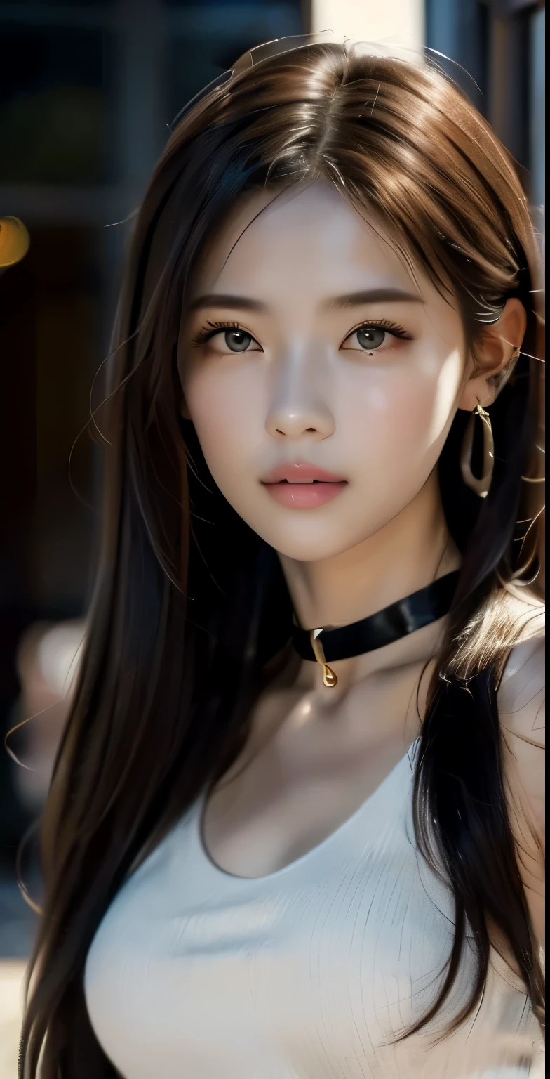 8k, Masterpiece, raw photos, best quality, realistic, Very detailed CG unity 8k wallpaper., depth of field, Cinema-grade lighting, lens flare, Ray tracing, (Very beautiful face, beautiful lips, beautiful eyes), A face with intricate details, ((Ultra-detailed skin), รูปถ่ายของสาวสวย 1 คนbest quality，(full body photo:1.4) Ultra high resolution， （realistically：1.4），Cute Hairpin，1 girl，long copper hair,cropped sweater ，Beautiful woman with a slender figure:1.4, Pronounced abdomen:1.4, on the island,A particularly detailed face，Exquisite eyes，Double eyelids，choker necklace