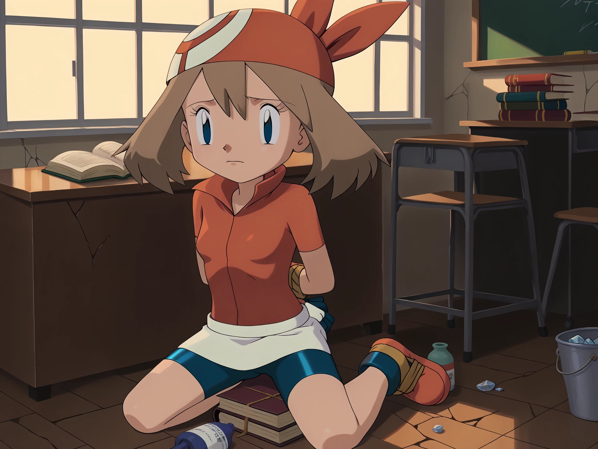 score_9, score_8_ up, score_7_ up, score_6_ up, break, (((flat color, Vector art))), 
(((1girl, Alone, alone))), 
May PXL , (((pokemon, haruka, may))),  blue eyes,  brown hair,  shorthair ,  hair between eyes , Red Bandana,  red shirt, Short sleeve,  gloves, ((( white skirt))), (((navy blue bike shorts))),  ((( abandoned school, wooden, indoor, book, book stack, bottle, box, broken, broken glass, broken window, bucket, building, cardboard box, chair, chalkboard, classroom, too many abandoned lingerie, evening, dark lighting, orange lighting))), 
(((face focus, face close up, Front View))), 
(((, Petite, Short stature, 120cm, Very cute *********))), (((small breast))), 
(((l Full body , Kneeling, submissive))), (((bound arms, arms behind back))),
looking at viewer, 