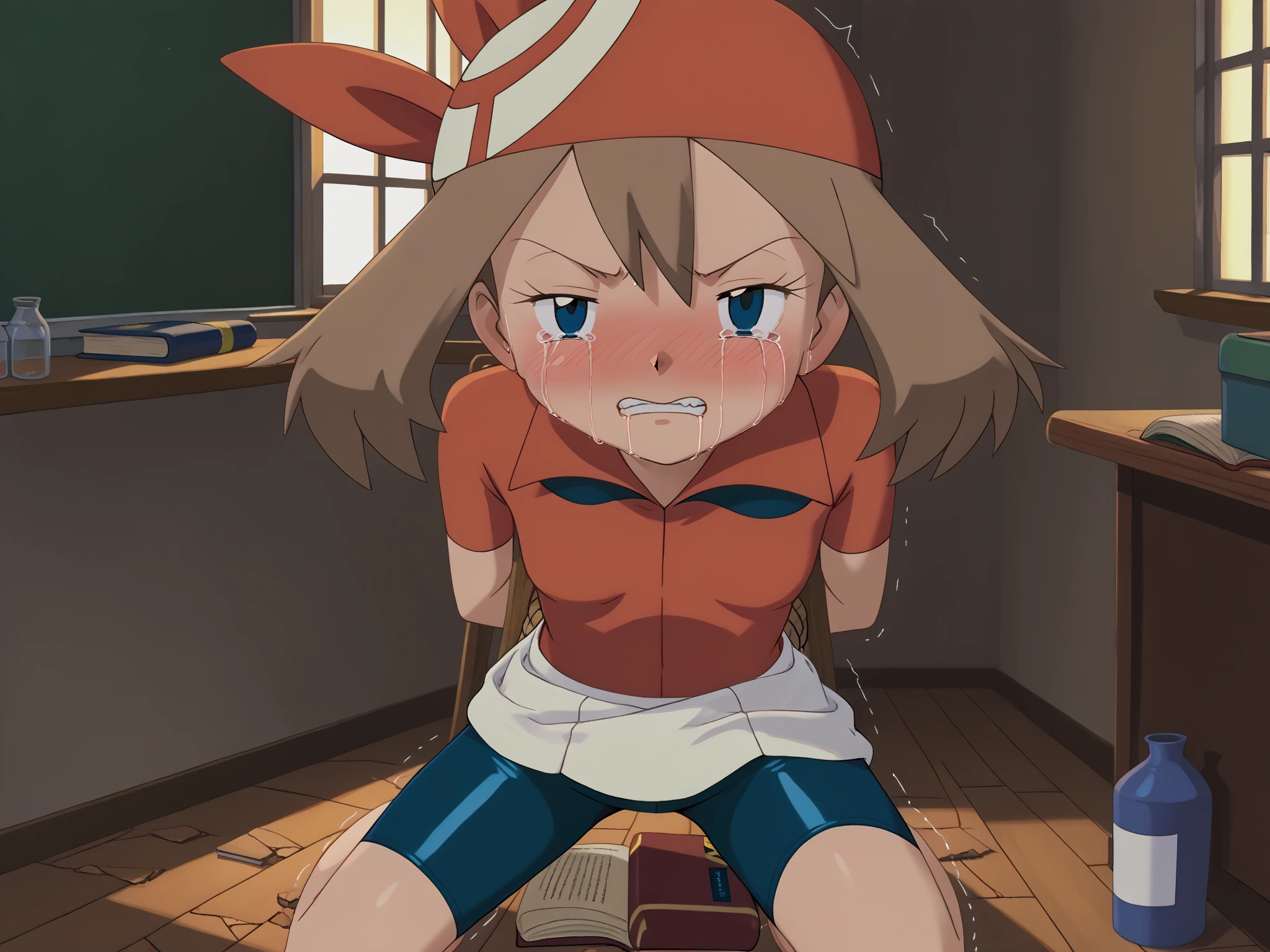 score_9, score_8_ up, score_7_ up, score_6_ up, break, (((flat color, Vector art))), 
(((1girl, Alone, alone))), 
May PXL , (((pokemon, haruka, may))),  blue eyes,  brown hair,  shorthair ,  hair between eyes , Red Bandana,  red shirt, Short sleeve,  gloves, ((( white skirt))), (((navy blue bike shorts))),  ((( ruined school, wooden, indoor, book, book stack, bottle, box, broken, broken glass, broken window, bucket, building, cardboard box, chair, chalkboard, classroom, too many abandoned lingerie, evening, dark lighting, orange lighting))), 
(((face focus, face close up, Front View))), (((blush, Crying,  half-closed eye ,  Clenching Teeth , trembling, tearing up, v-shaped eyebrows, narrowed eyes))), 
(((, Petite, Short stature, 120cm, Very cute baby face))), (((small breast))), 
(((whole body, Kneeling, submissive))), (((bound arms, arms behind back))),
looking at viewer, 