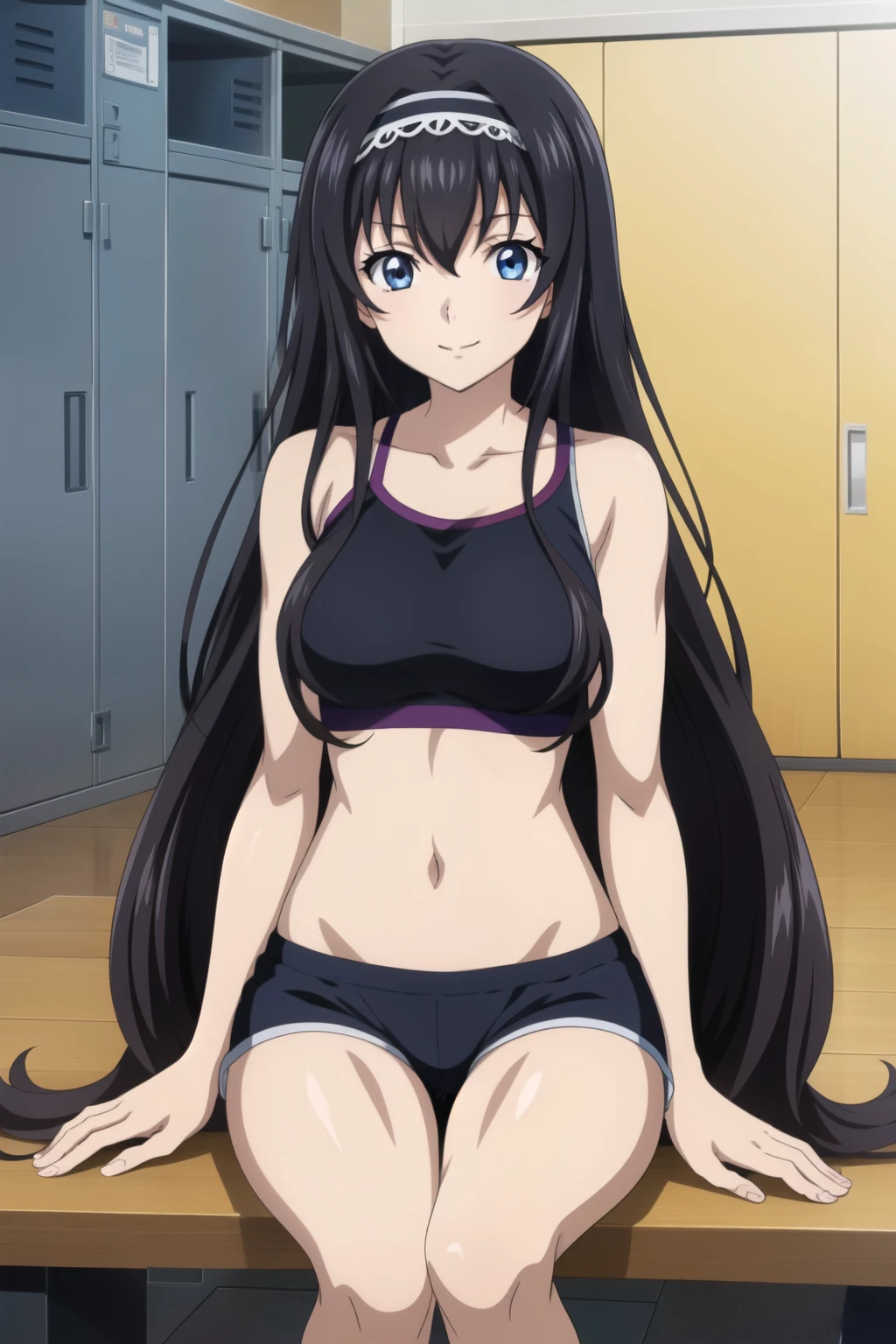 1 girl, cute, black long hair, (hair band), masterpiece, smile, (Sports bras, sports shorts), (Sitting on a bench In a locker room with many lockers), (anime cels style, Masterpiece, best quality, high resolution, anime colored, anime style, anime key visual, sharp, 8k), beautiful blue eyes, (perfect detailed anatomy, perfect fingers, beautiful face, perfect legs)