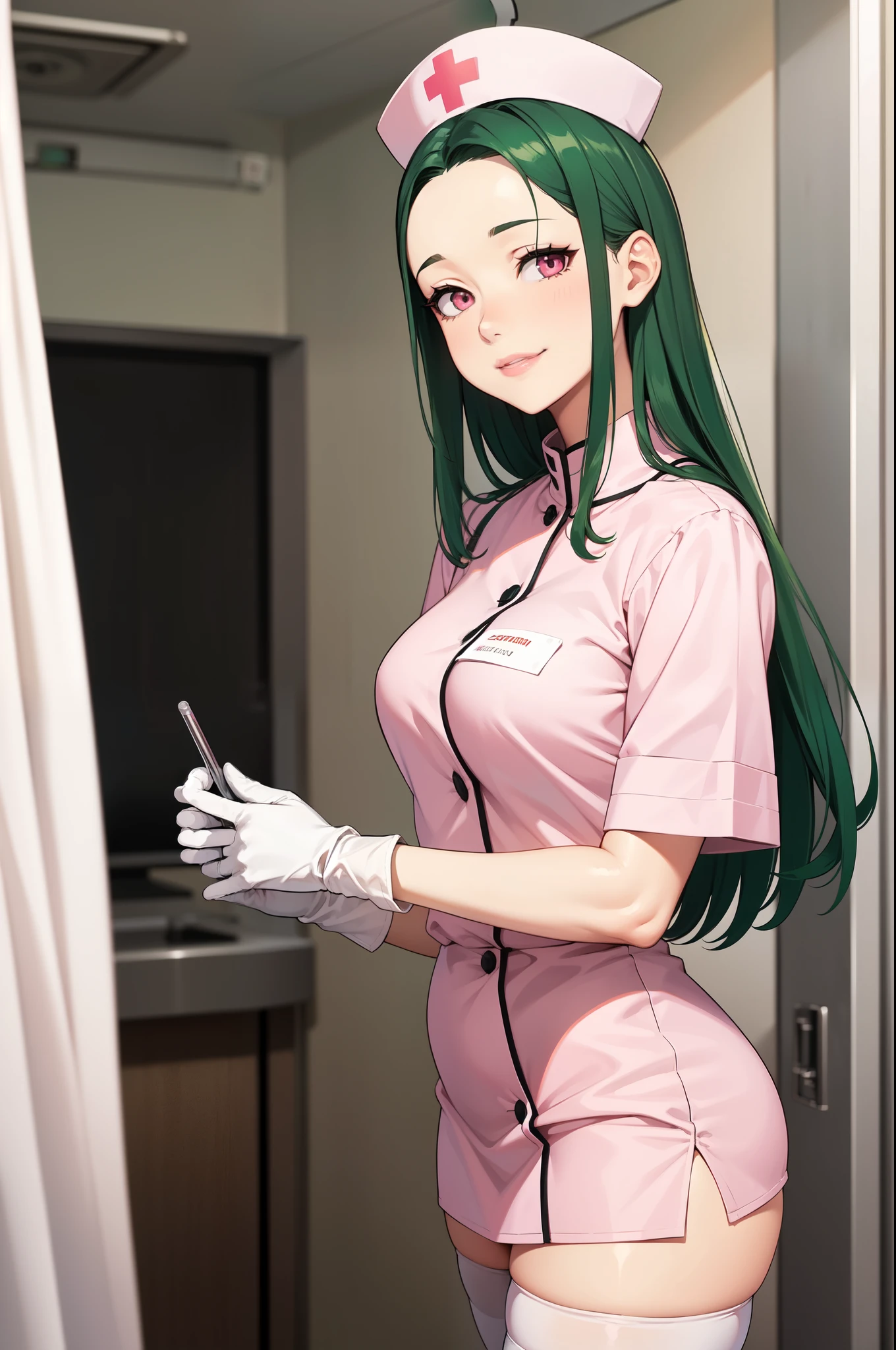 1woman, solo, nurse, white nurse cap, white nurse uniform, ((white legwear, zettai ryouiki)), white gloves, forehead, long hair, green hair, pink eyes, pink lips, smile, standing, ((hospital room)), sharp outline, short sleeves, mature female, 35 years old, best quality, masterpiece