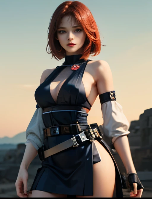 Top Quality 、nsfw、 woman with reddish hair (Fluffy bob hair、Small chest、 sharp eyes ) Navy Blue Dress ( large shoulder pads、big white belt 、 A large slit that exposes the skin from the armpit to the waist 、 Boobs visible from the side 1 :5、 deep cut mini skirt)、Hold the lightsaber with both hands、 black knee-highs、Standing in the desert at night
