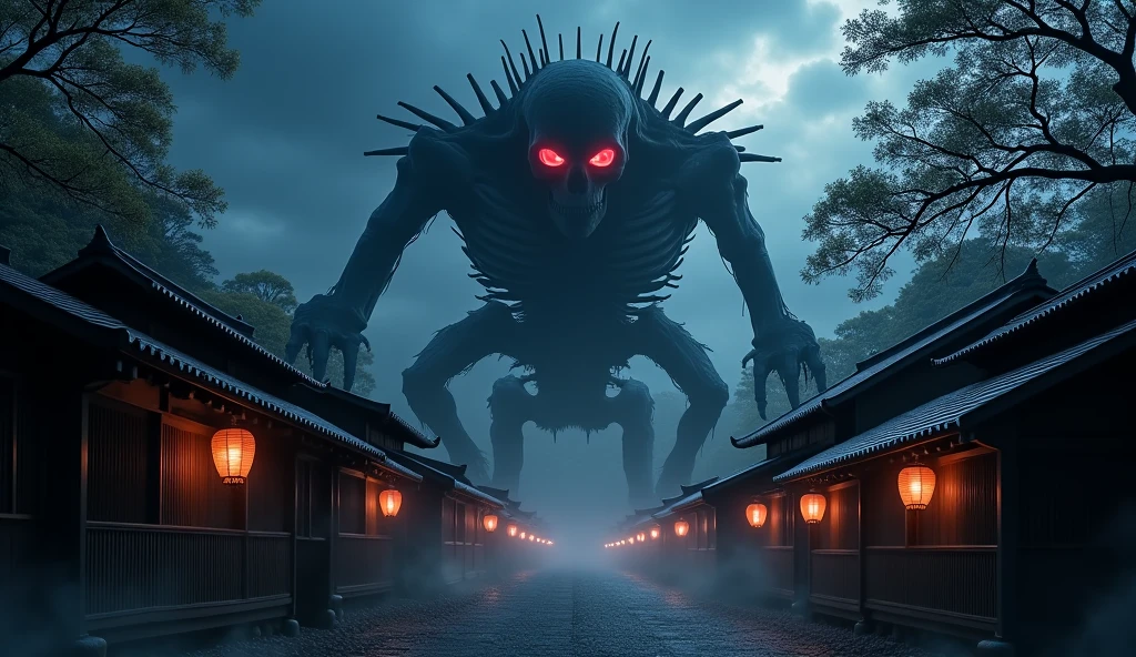 ４ｋ、Super Resolution、Aerial view of a small Japanese town at night、A gigantic skeletal monster with no lower body、Red eyes、Shallow depth of field, Vignette, Very detailed, High budget, Bokeh, CinemaScope, Sulky, amazing, nice, Film Grain, granular . Creepy, Anxious, dark, Creepyな, Suspenseful, strict, Very detailed