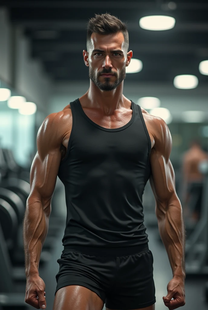 Skinny man without muscle defines himself in the gym