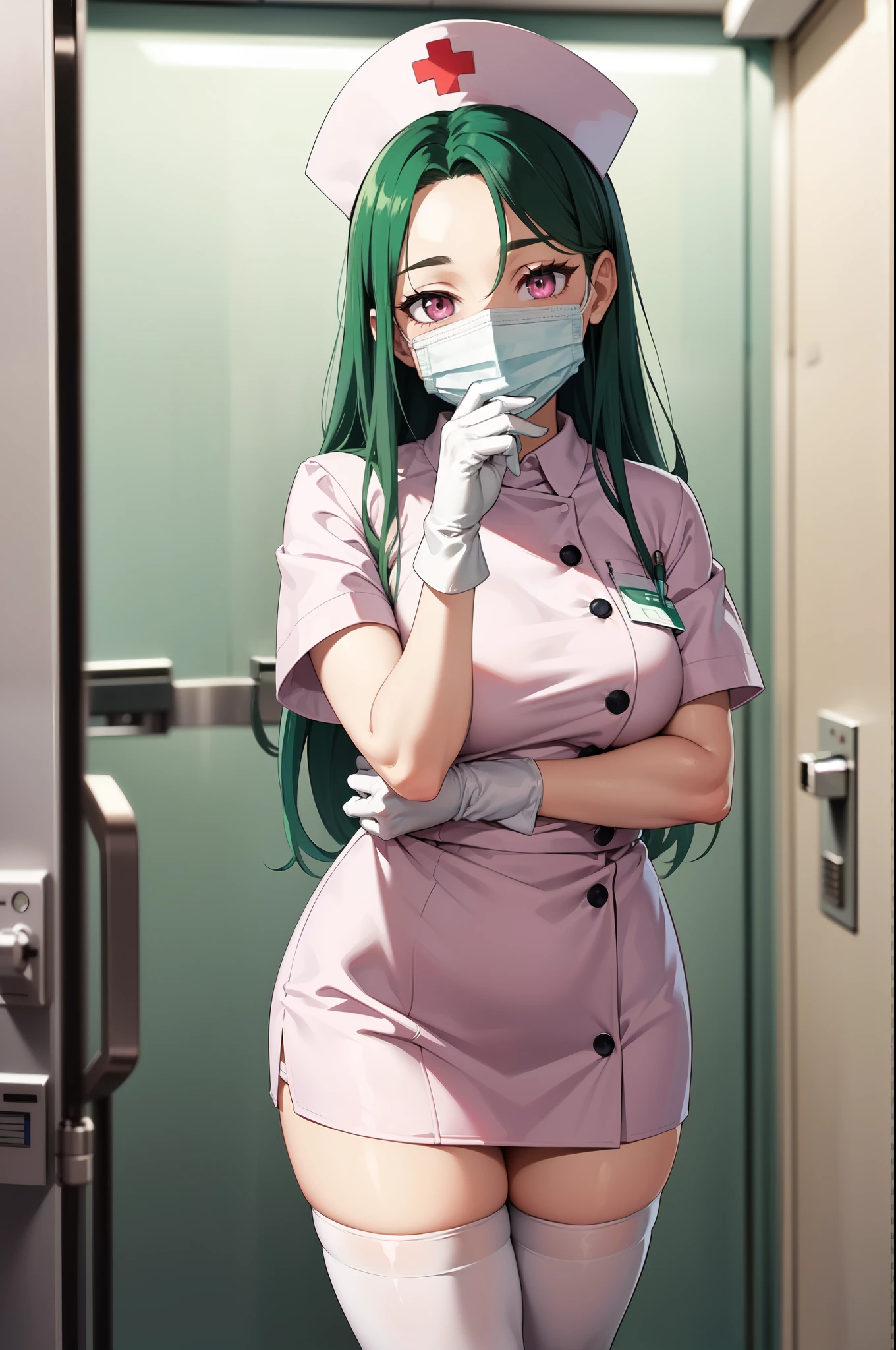 1woman, solo, nurse, white nurse cap, white nurse uniform, ((white legwear, zettai ryouiki)), white gloves, forehead, long hair, green hair, pink eyes, ((white surgical mask, covered nose)), standing, ((hospital room)), sharp outline, short sleeves, mature female, 35 years old, best quality, masterpiece