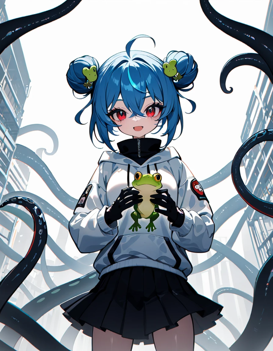 detailed,ultra-detailed,masterpiece,newest,absurdres,safe,best quality,(dramatic angle:1.3),(dynamic angle:1.3), Cinematic Lighting,Illustration,Volumetric Lighting,, 1girl, static pose, blue hair, double bun, monster girl, ahoge, white background, open mouth, gloves, red eyes, solo, simple background, hood, tentacles, extra eyes, black gloves, hair ornament, smile, frog, looking at viewer, jacket, black skirt, black eyes, long sleeves, skirt, frog hair ornament, hair between eyes, holding, hoodie,a digital drawing in an anime style, featuring a young woman with a playful expression, she has large, expressive red eyes and long, blue hair styled in a voluminous updo with a few strands framing her face, her skin is fair, and she wears a yellow and white jacket with black accents, which is open at the chest, revealing a white shirt underneath, her jacket has a high collar and long sleeves, with black laces running down the front, she is holding a small, green frog with a mischievous grin, perched on her shoulder, the frog's body is covered in black fur, and its tail is long and thin, with a black tip, the background is plain white, ensuring that the focus remains on the character, the drawing is executed with smooth, clean lines and vibrant colors, typical of modern digital art, the overall mood of playful and whimsical, with the character's playful demeanor and the frog adding a touch of whimsy
