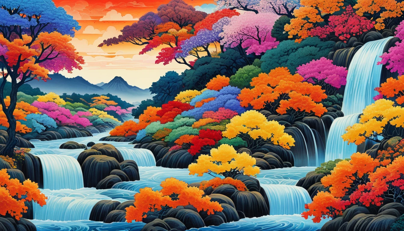 Best quality, high resolution, best composition, Nishijin weaving style, Nishiki autumn season, painting of river and fields with a large waterfall, colorful flowers blooming, sky dyed in beautiful gradation at dusk, high sky, psychedelic landscape, whimsical and psychedelic, colorful and detailed, very intricate and colorful, ultra fine detail painting, intricate organic painting, intricate fluid detail, high resolution digital art, high quality desktop wallpaper.