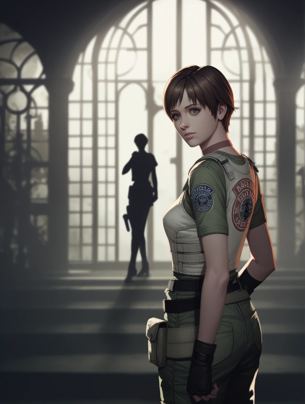 score_9, score_8_up, score_7_up, score_6_up, score_5_up, score_4_up, source_anime, realistic, photoshop \(medium\), 1girl, Rebecca Chambers, brown eyes, silhouette, solo
, indoors, decrepit mansion, main hall, darkness, at night, dark