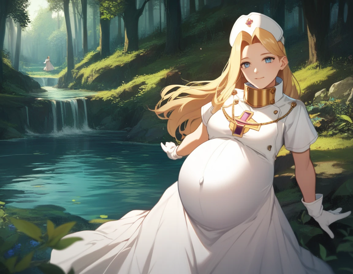 MintBase , blonde hair, long hair, blue eyes, parted bangs, white headwear, white dress, short sleeves, white gloves, white footwear , pregnant ,  light-rich forest
