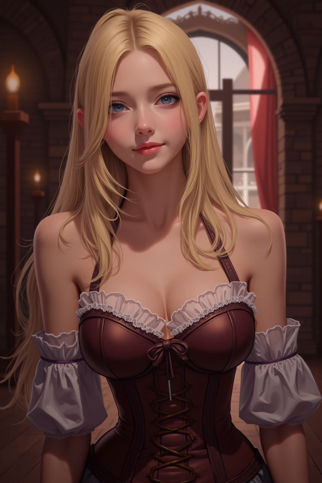 one girl, Solo,  high resolution ,  long hair, chest,  watching viewers ,  blushed, smile,  blue eyes,  ponytail,  top quality,  Consecutively Honored , 큰 chest, Blonde, 8K Octagon Rendering, Medieval corset , voluptuous body,  party hall inside a medieval castle