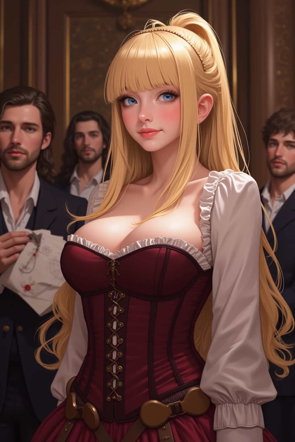 one girl, Solo,  high resolution ,  long hair, chest,  watching viewers ,  blushed, smile,  blue eyes,  ponytail,  top quality,  Consecutively Honored , 큰 chest, Blonde, 8K Octagon Rendering, Medieval corset , voluptuous body,  party hall inside a medieval castle