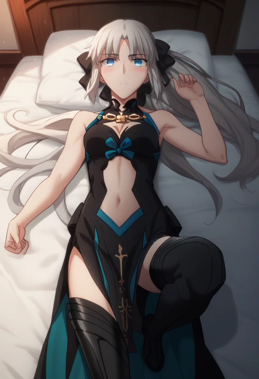 solo, one girl ,Fate/Grand Order,Morgan（Fate）, long hair, gray hair, blue eyes,とても long hair, Ponytail, black ribbon, hair bow, French Braid, short dress,Sleeveless, cleavage in years, garment cutout,Collarless, pelvic curtain , black boots , thigh high boots,belly button, black pants　　　　　　　　　　　　　anime,Ufotable, viewer's perspective, are expressionless, bed, lying on your back to stare,one hand behind , one leg,blush