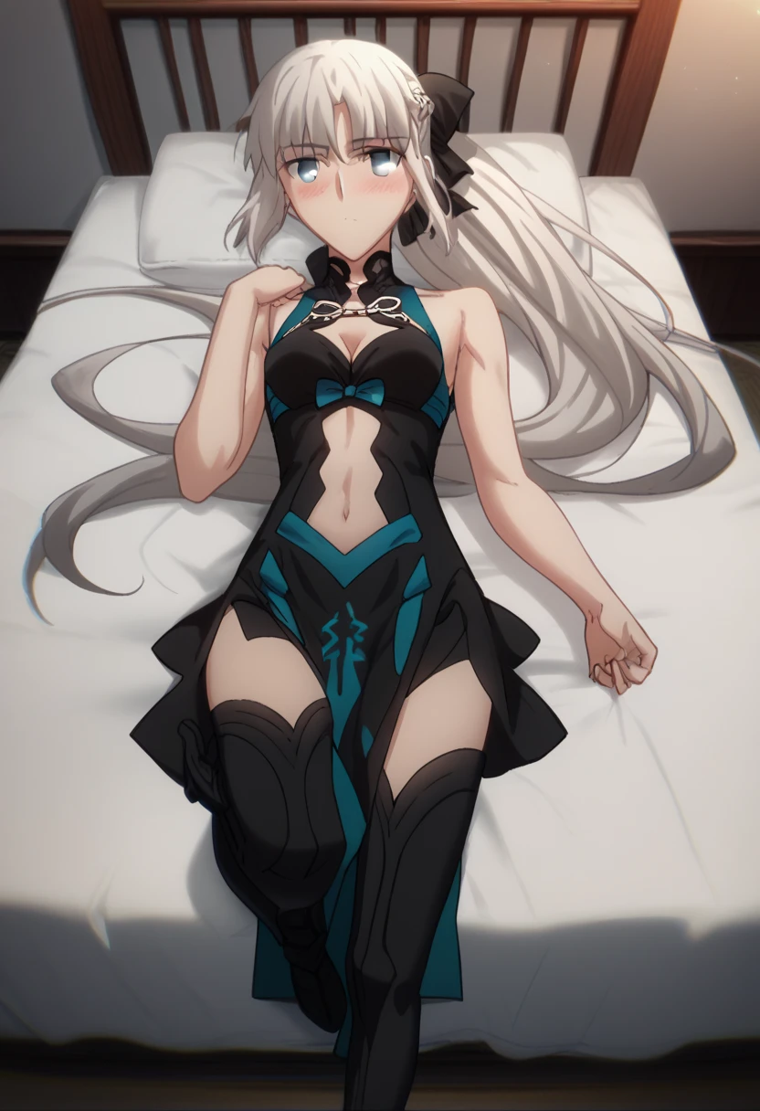 solo, one girl ,Fate/Grand Order,Morgan（Fate）, long hair, gray hair, blue eyes,とても long hair, Ponytail, black ribbon, hair bow, French Braid, short dress,Sleeveless, cleavage in years, garment cutout,Collarless, pelvic curtain , black boots , thigh high boots,belly button, black pants　　　　　　　　　　　　　anime,Ufotable, viewer's perspective, are expressionless, bed, lying on your back to stare,one hand behind , one leg,blush