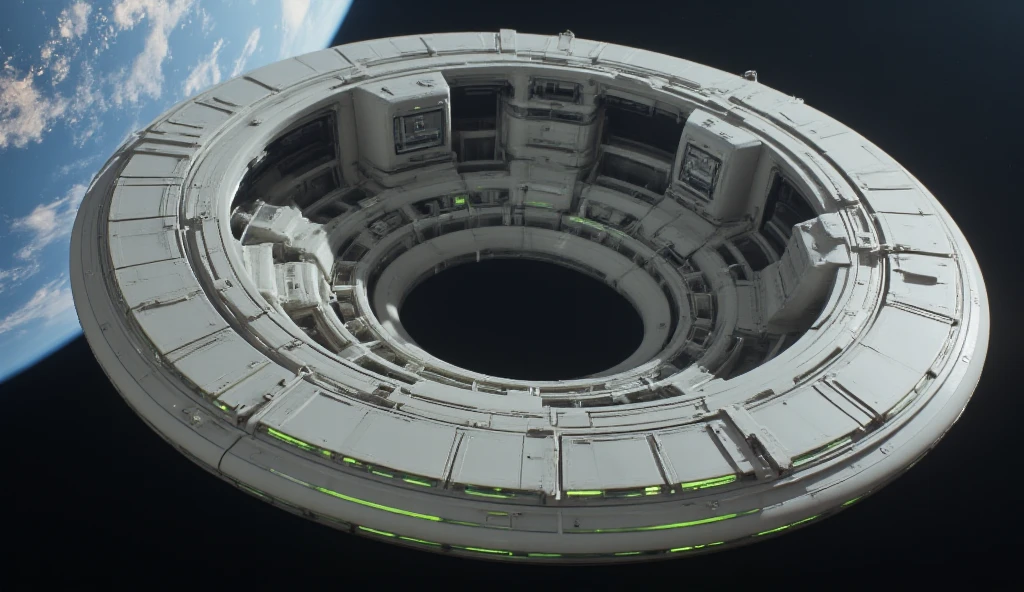 Large, futuristic, ring-shaped spacecraft in orbit.  Circular design with intricate details and panels, light gray.  High-tech, seamless exterior, featuring subtle variations in tone and texture.  A series of luminous green lines encircle the ring.  Embedded within the ring are smaller, functional components and compartments, also light gray, exhibiting advanced engineering.  A darker, metallic, lighter gray section houses a cockpit or control center.  Small, glowing blue lights line the craft's rim.  A muted, dark gray-blue backdrop suggests outer space or atmosphere.  Planet earth seen faintly in the background.  Perspective is slightly tilted upward, focusing on the spacecraft.  Detailed, realistic depiction with clean lines, subtle shading, and smooth surfaces.  Stylized science fiction.  Space exploration theme, futuristic, detailed.