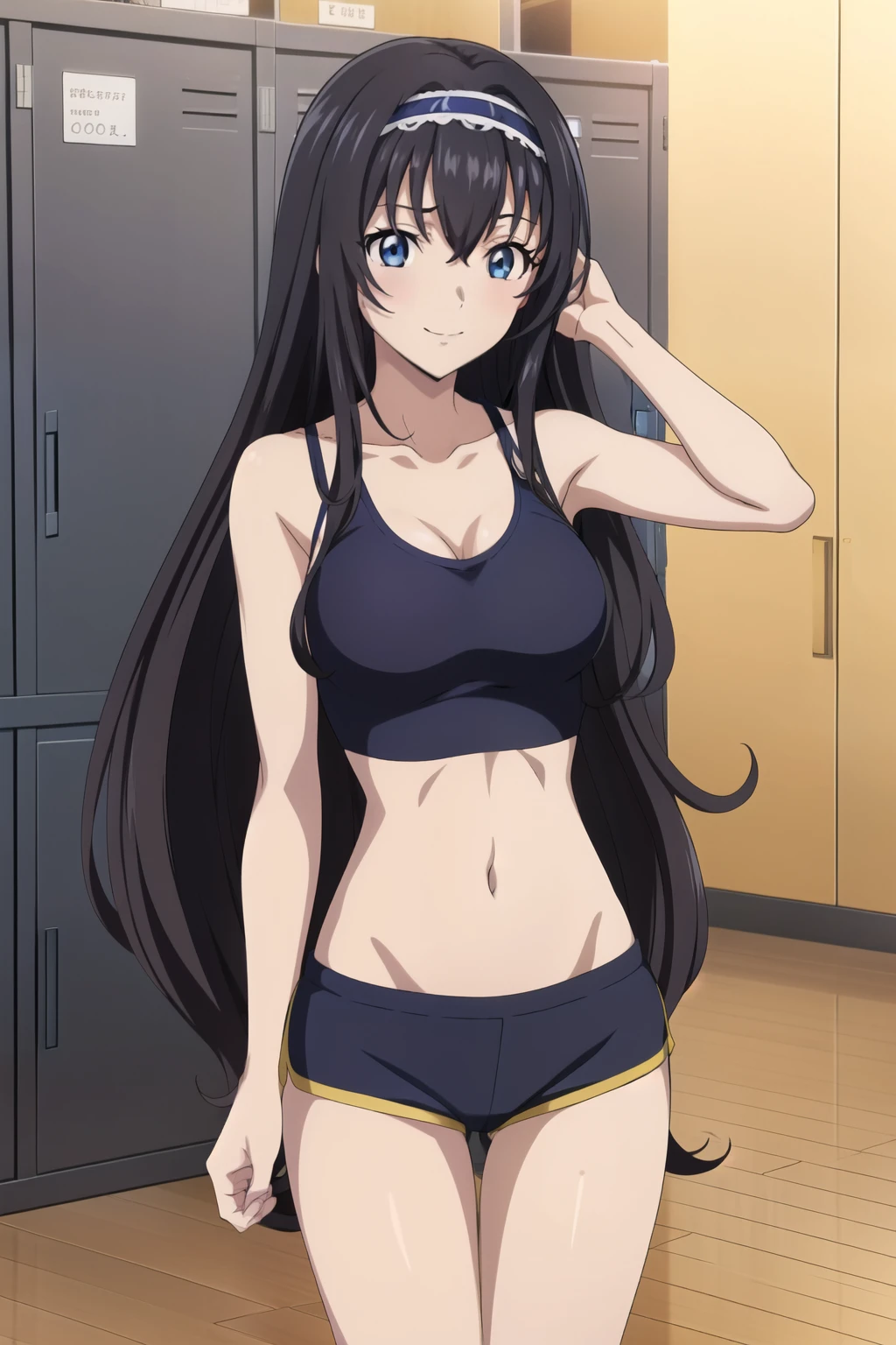 1 girl, cute, black long hair, (hair band), masterpiece, smile, (Sports bras, sports shorts), (In a locker room with many lockers), (anime cels style, Masterpiece, best quality, high resolution, anime colored, anime style, anime key visual, sharp, 8k), beautiful blue eyes, (perfect detailed anatomy, perfect fingers, beautiful face, perfect legs)