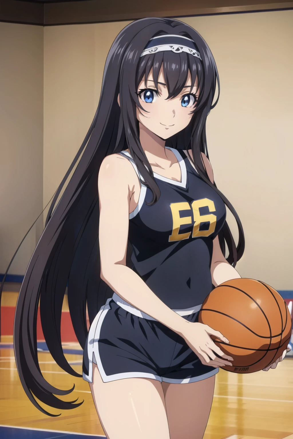 1 girl, cute, black long hair, (hair band), masterpiece, smile, (basketball uniform/tank top/shorts, ball, dynamic movement), (in front of basketball teams in the high school gym), (anime cels style, Masterpiece, best quality, high resolution, anime colored, anime style, anime key visual, sharp, 8k), beautiful blue eyes, (perfect detailed anatomy, perfect fingers, beautiful face, perfect legs)
