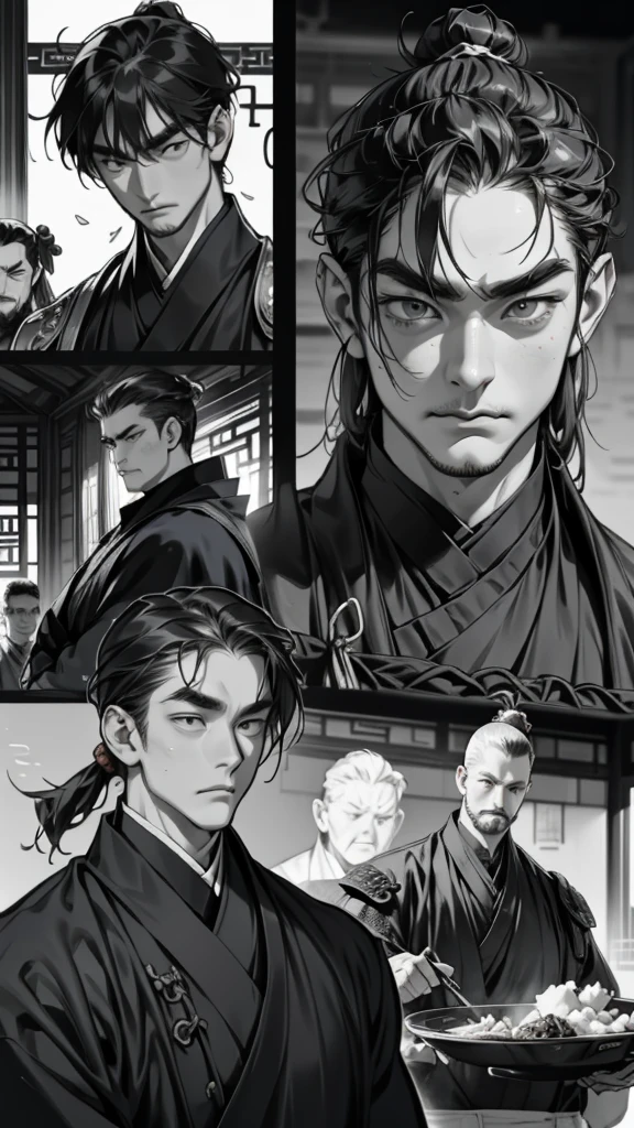 Chinese cartoons 、Black and White、 There is only one main character 、 who properly draws the protagonist's face 、 the supporting actor either misleads his eyes, nose, and mouth with shadows or closes his eyes、 armor restaurant 、 ( five scenes )、 Chinese food scene