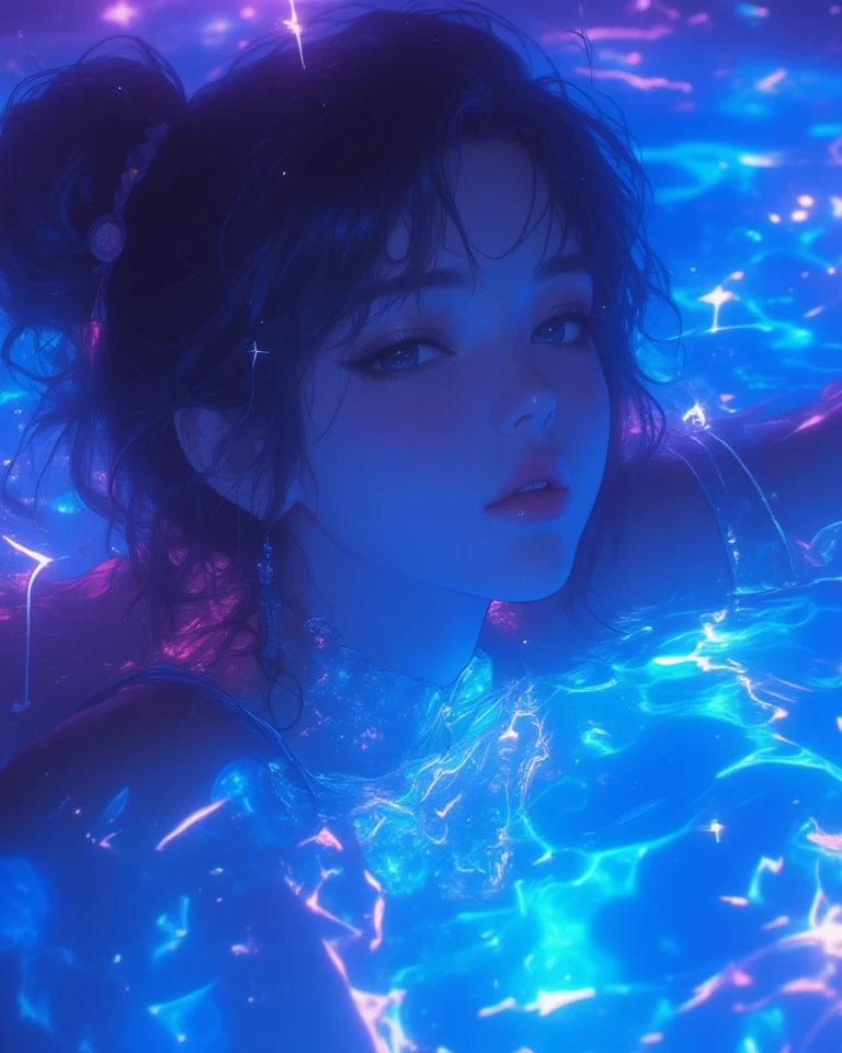 ultra HD,32k,close-up detailed face,entangled glowing huge jelly fish, night,pool,RAW photo,ultra realistic photo,beautiful Japanese idol,kawaii,vivid, grow, 16yo,big eyes,detailed skin,clavicle,wavy and medium hair,detailed bikini with geometric print,floating in pool,necklace,earrings,detailed shadow,gravure,wistful smile,arm rest on chin,looking back,colorful lighting