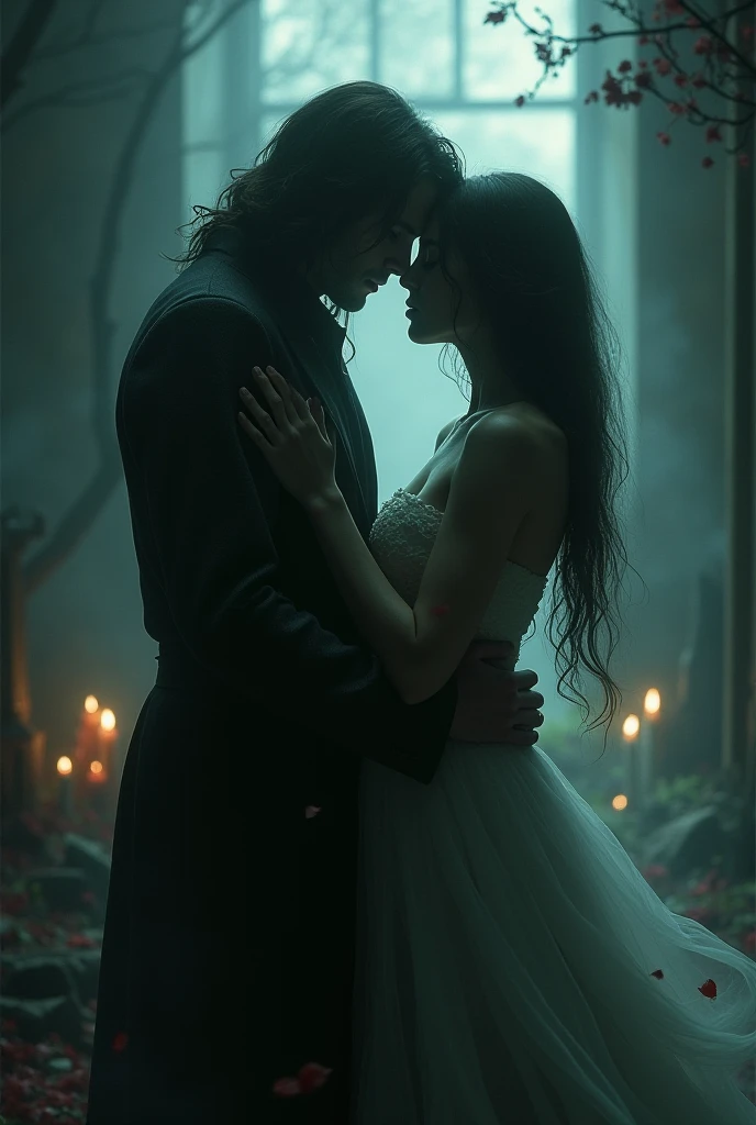 ((best quality)), ((masterpiece)), (detailed), ((1girl, nightgown, beautiful, white woman, green eyes, black hair full body)) extremely high quality face, 1werewolf beast holding the woman, dark forest full moon amazing quality dark atmosphere magical aura paranormal, werewolf arm around womans torso clawing at womans bodice, drama, action pose, woman struggling against werewolf
