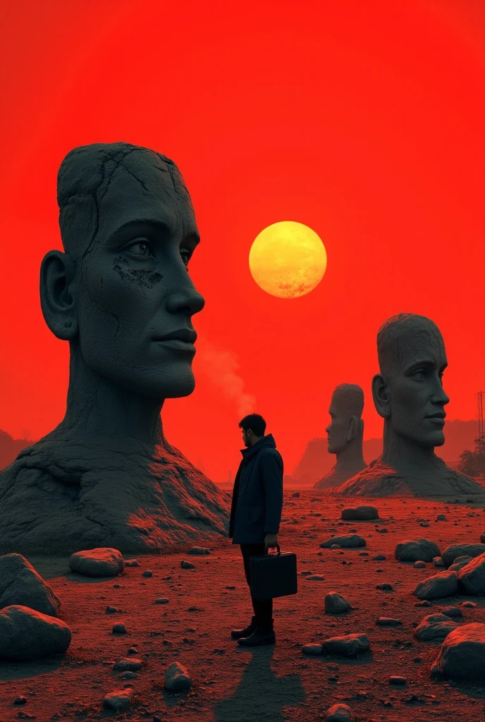 a post-apocalyptic landscape , red sky, The orange sun is low on the horizon , three huge head-shaped rock statues , with binoculars . In the foreground a damaged android, with smoke, coming out of his trunk , A person holding a briefcase . Panorama , ray tracing, UHD, 16k, dslr, masterpiece, award-winning, photorealistic