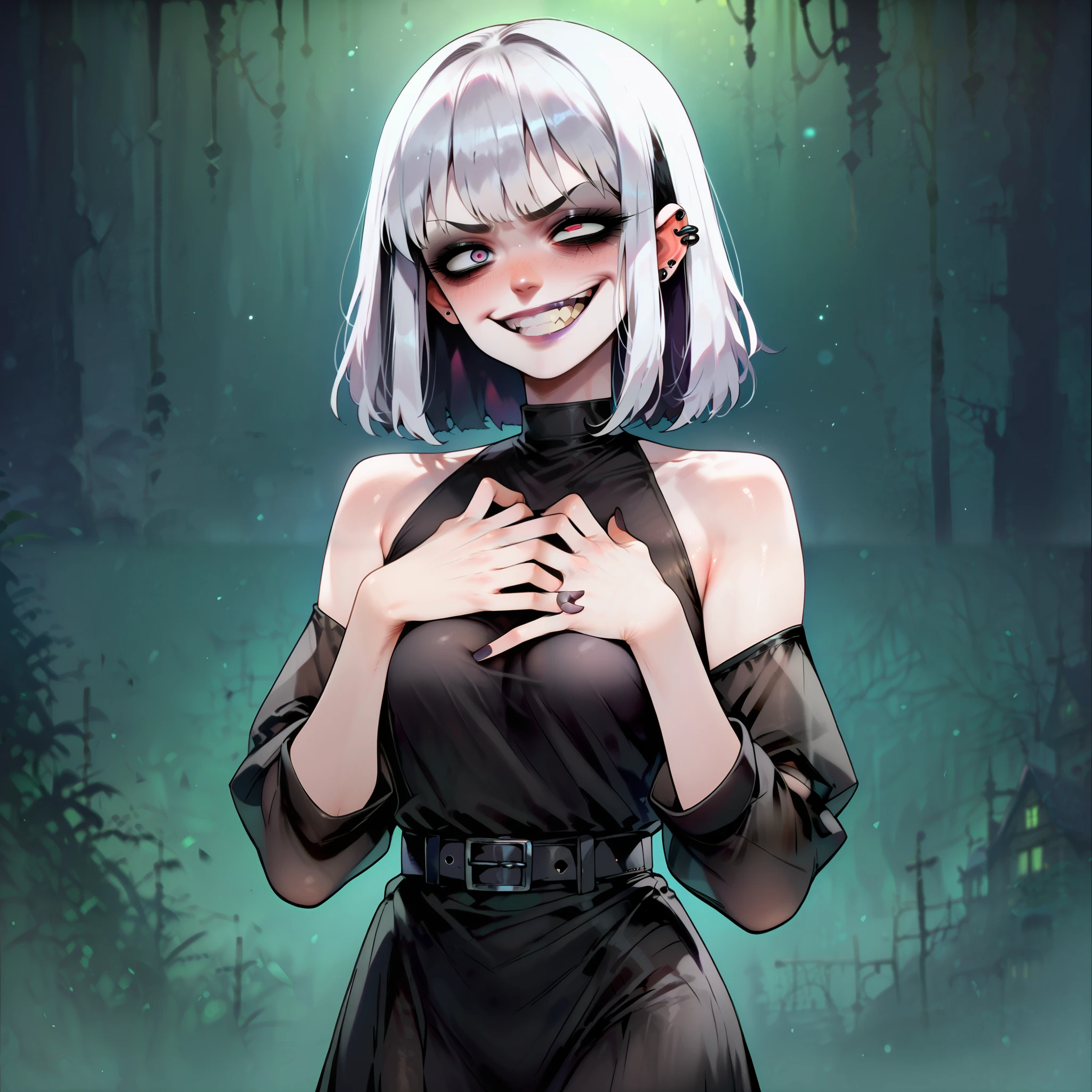 By wlop, one goth girl, (), g4n1m3, tight belt, ((uncomfortable and irritated)), (). , () (spooky castle background) big smile, ,,((small covered breasts)), wearing a nude dress, see through dress volumetric and specular lighting) skinny girl with a swollen belly, 