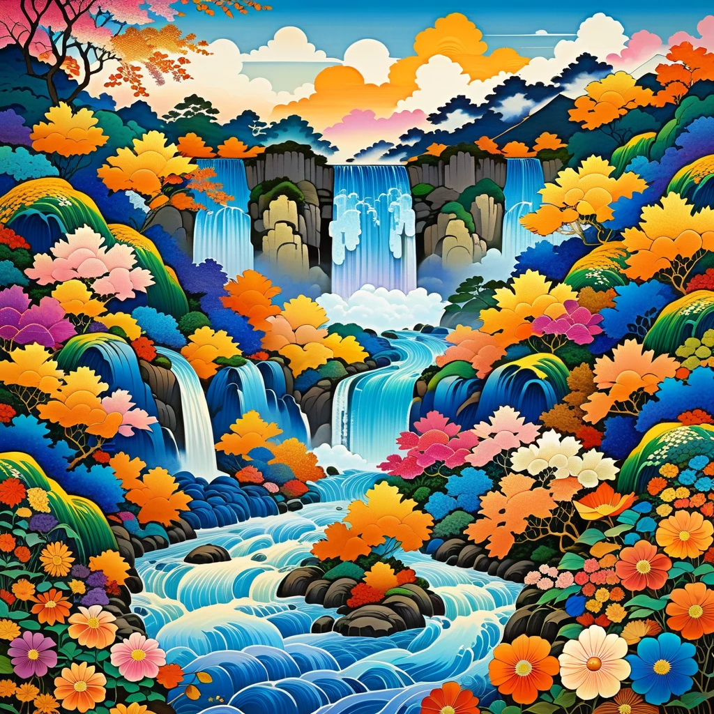 Best quality, high resolution, best composition, Nishijin weaving style, Nishiki autumn season, painting of river and fields with a large waterfall, colorful flowers blooming, sky dyed in beautiful gradation at dusk, high sky, psychedelic landscape, whimsical and psychedelic, colorful and detailed, very intricate and colorful, ultra fine detail painting, intricate organic painting, intricate fluid detail, high resolution digital art, high quality desktop wallpaper.