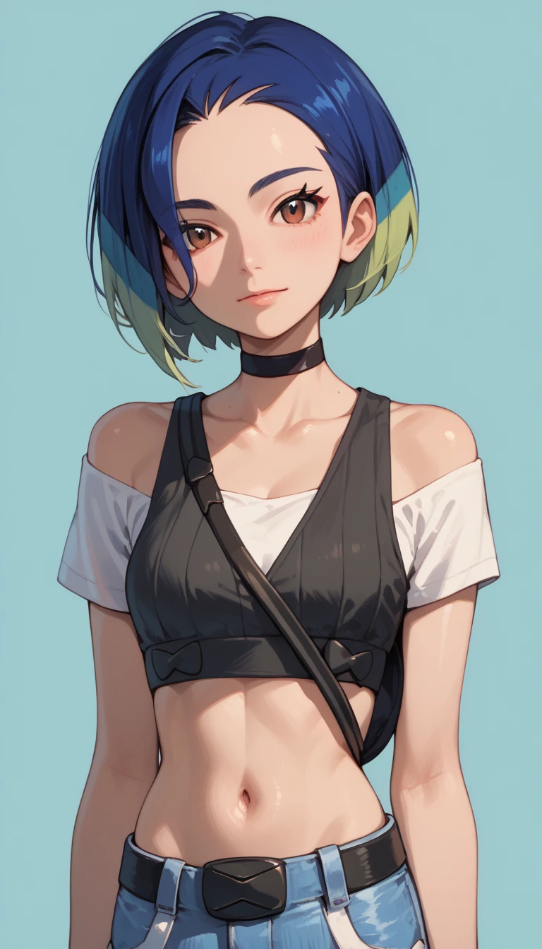 Score_9, score_8_up, score_7_up, score_6_up, source_anime, rating:general, 1girl, perrin_pokemon, blue_hair, multicolored_hair, brown_eyes, short_hair, choker, shirt, crop_top, denim