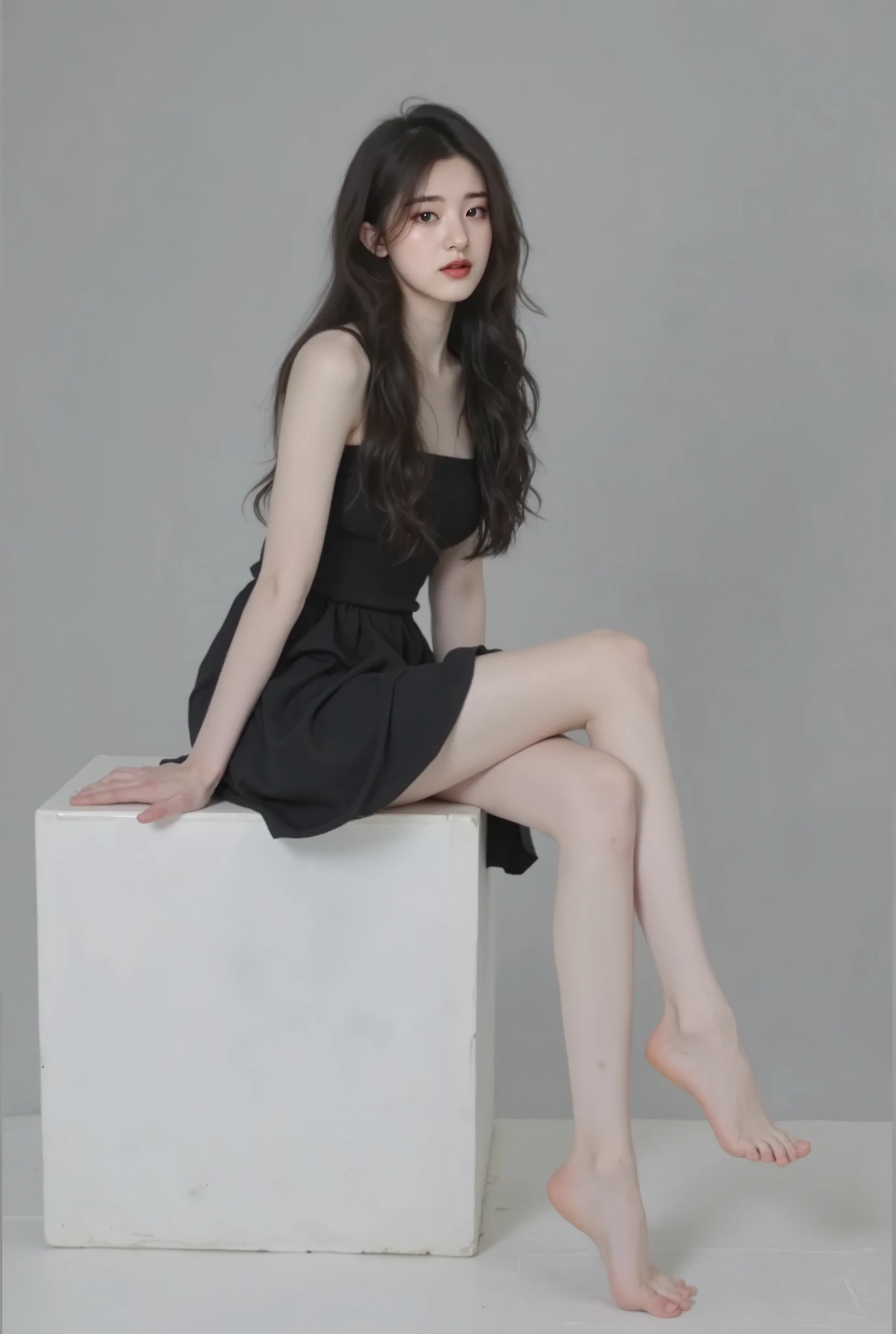 A woman sits on a white cube,Cross your legs, Skinny girl photo model, pretty face and arms and legs , Skinny girl photo , , Full body fairy, Tall, Slim, and Beautiful Goddess , pale white skin !!, Gu Weiss, charming posture, long and thin legs , Cute and elegant pose, Casual posture, Beautiful girl model