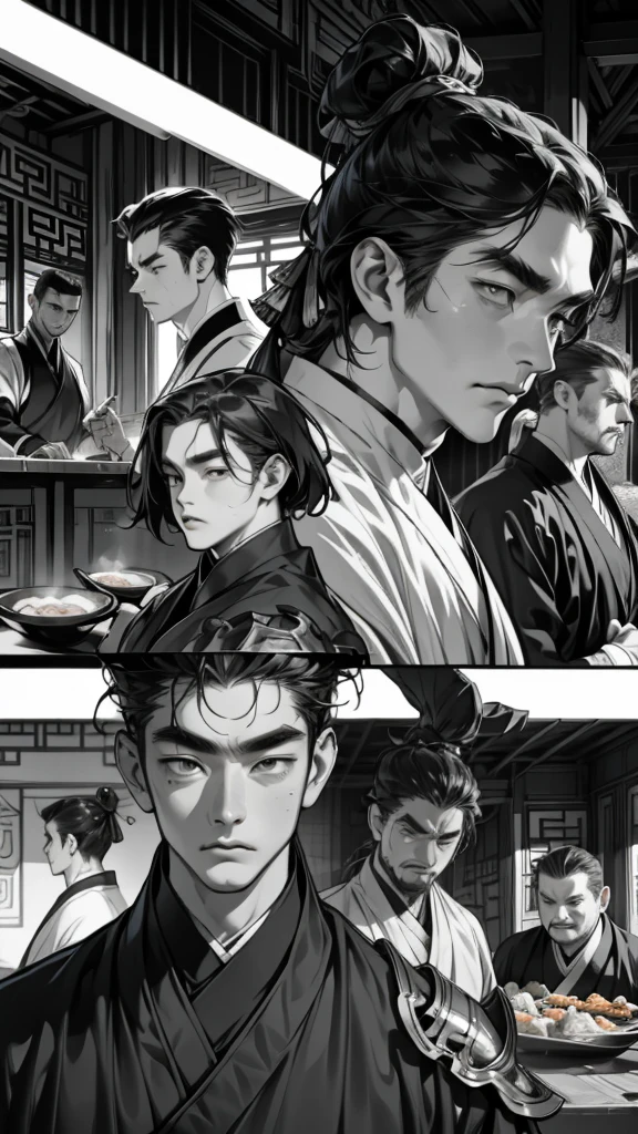  Chinese cartoons 、Black and White、  There is only one main character  、    who correctly draws the protagonist's face   、   the supporting actor either misleads his eyes, nose, and、 who shadows his mouth and closes his eyes  、  armor restaurant 、 (  five scenes  )、  Chinese food scene  