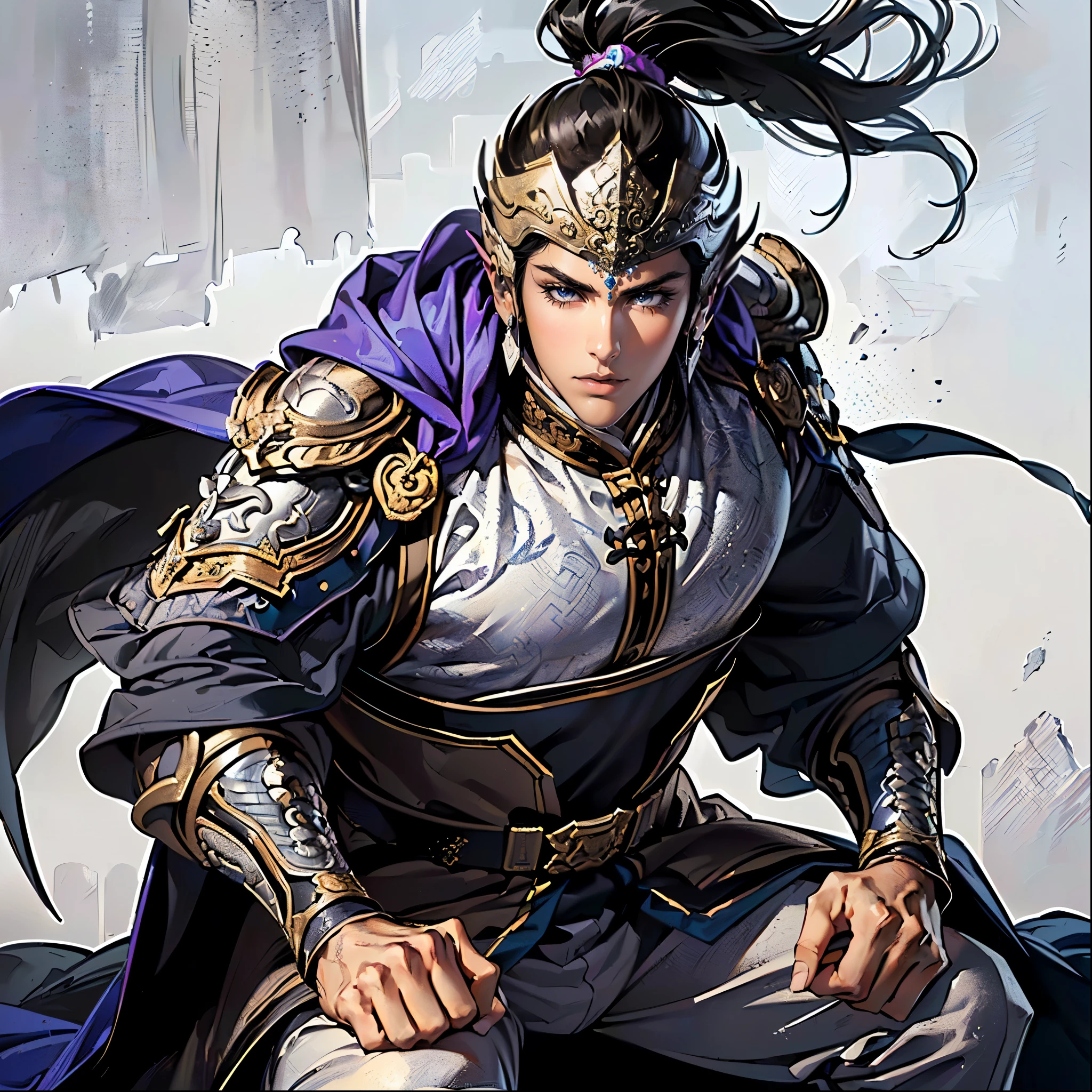 ( top quality,4K,8k, high resolution,masterpiece:1.2),super detailed,(super fine illustration),((( A man in armor with a sword drawn in an anime-style illustration ))),20 years old,(handsome man:1.3, neutral face ),Heroes of the Three Kingdoms,Expression full of supremacy ,((Long black hair and droopy bangs :1.3)), detailed eyes :1.2, perfect eyes,(( Attractive Dark Eyes )),( well-trained body, thin macho),cinematic lighting, soft shadows,((Silver armor with designs leading up to detailed works of art :1.3, is deeply covered by an ancient Chinese silver helmet drawn in detail:1.3,1 purple cloak drawn in detail:1.3,dynamic pause:1.3, holding an ancient Chinese sword drawn in detail :1.3)),(( cowboy shot :1.2)),(( white background:1.3,simple background:1.2)),(( :1.3, depicted so as not to be visible from the tip of her head to above her knee :1.3))